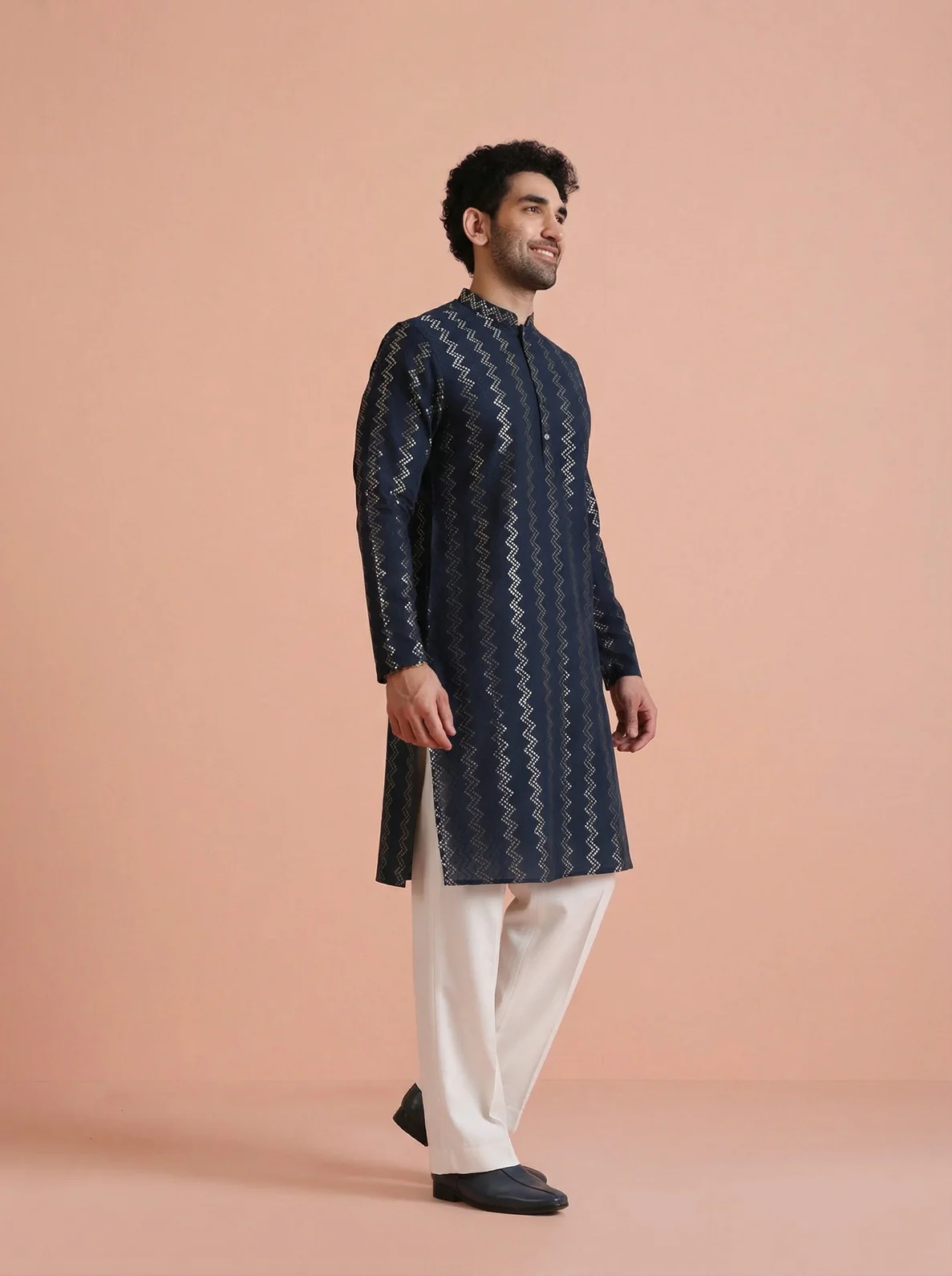 Navy Blue Cotton Blend Textured Kurta Wide Leg Trouser Set - Image 6