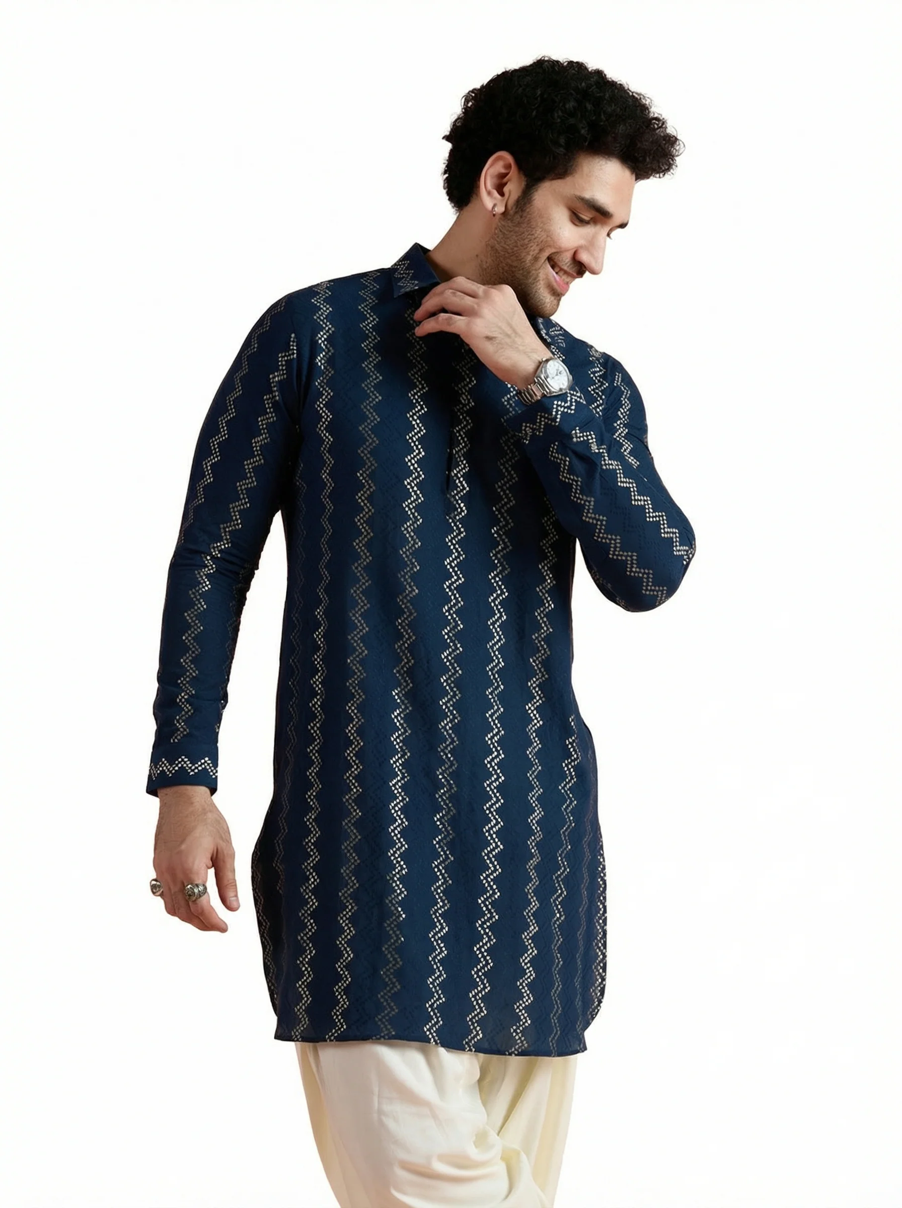 Blue Cotton Jacquard Pathani Kurta - Image 11
