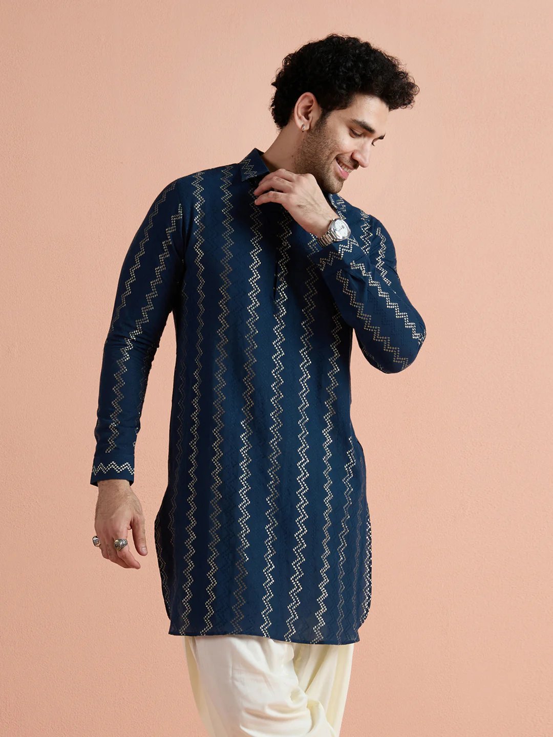 Blue Cotton Jacquard Pathani Kurta - Image 2