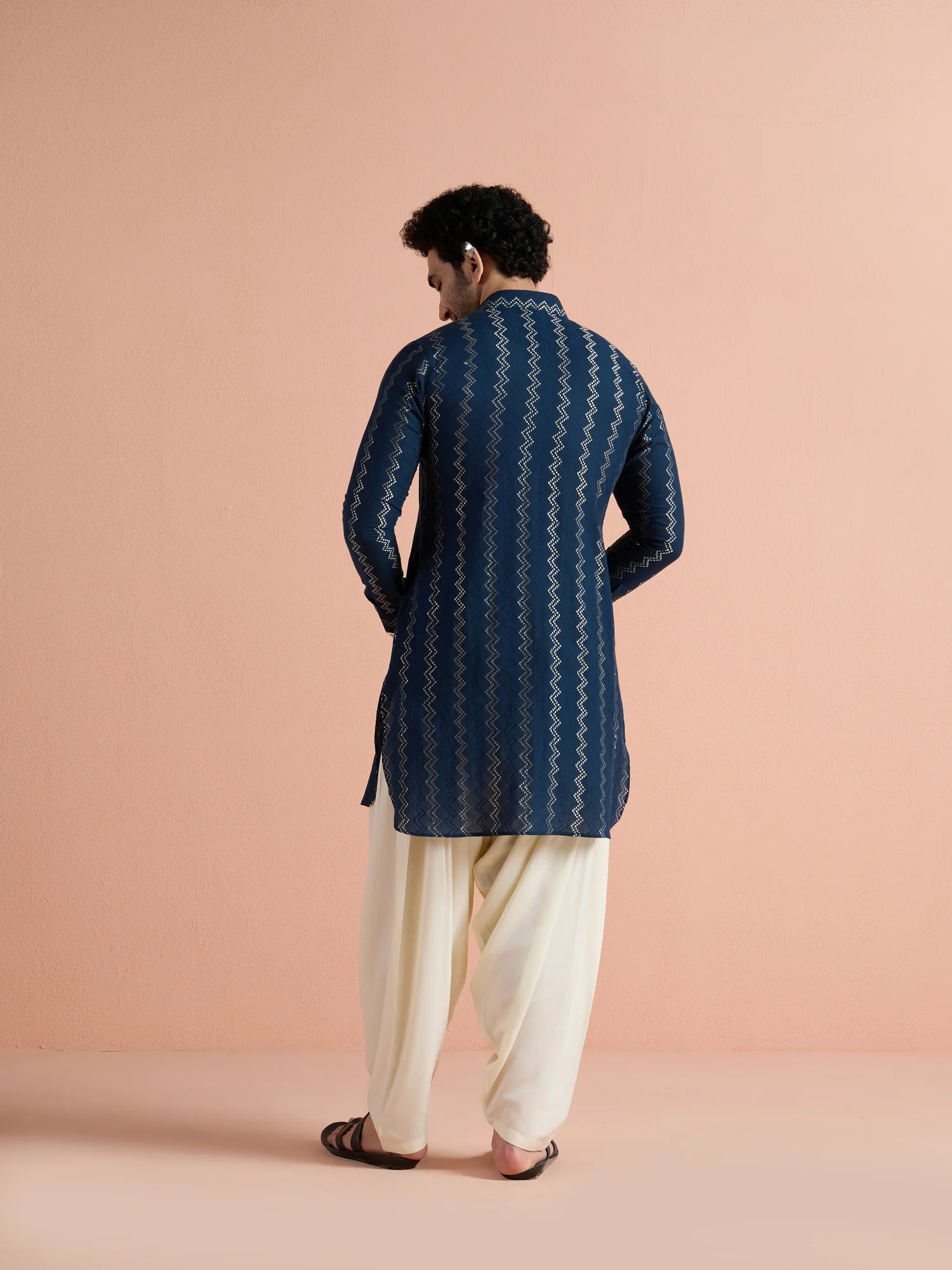 Blue Cotton Jacquard Pathani Kurta - Image 5