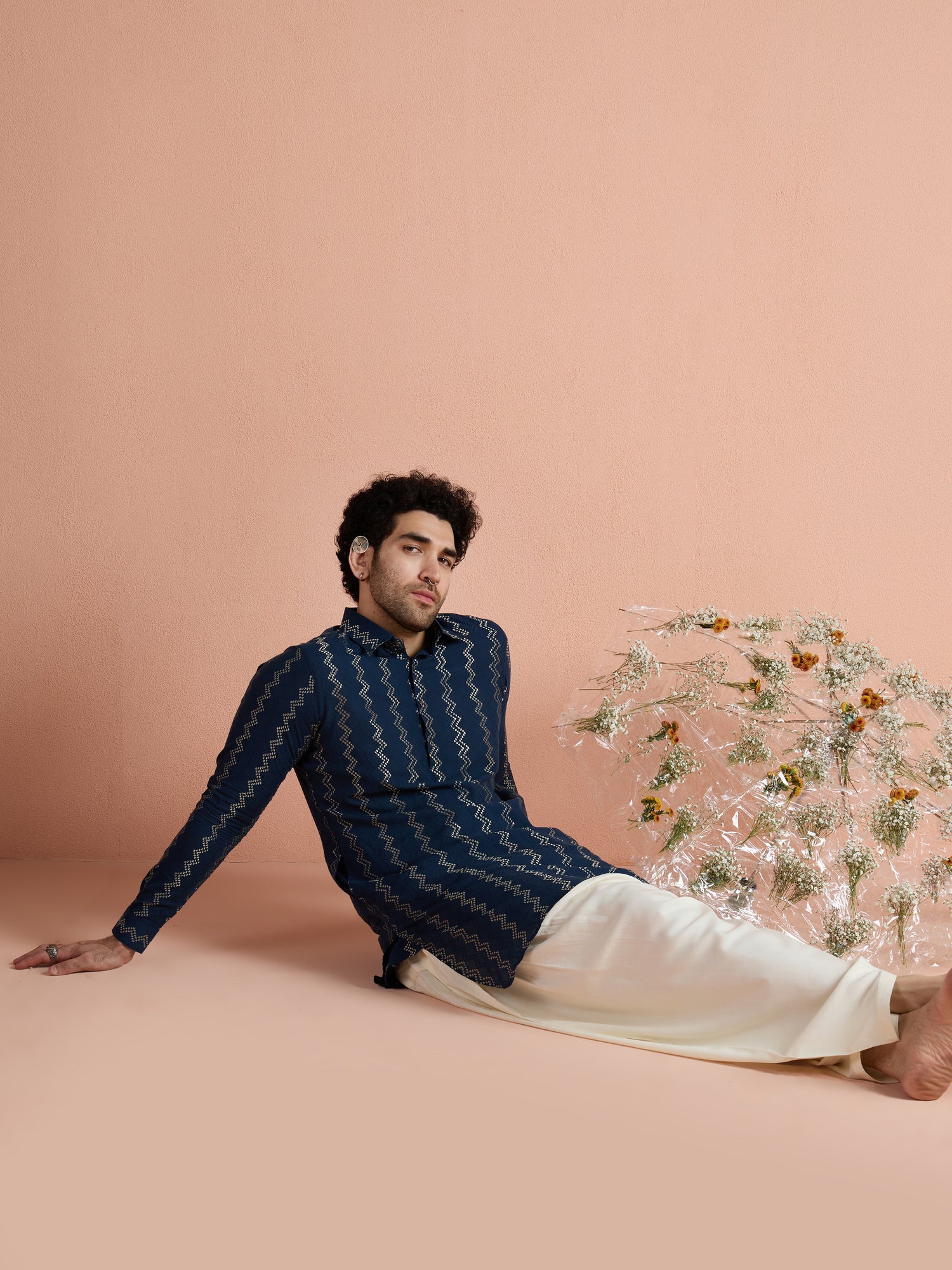 Blue Cotton Jacquard Pathani Kurta - Image 9
