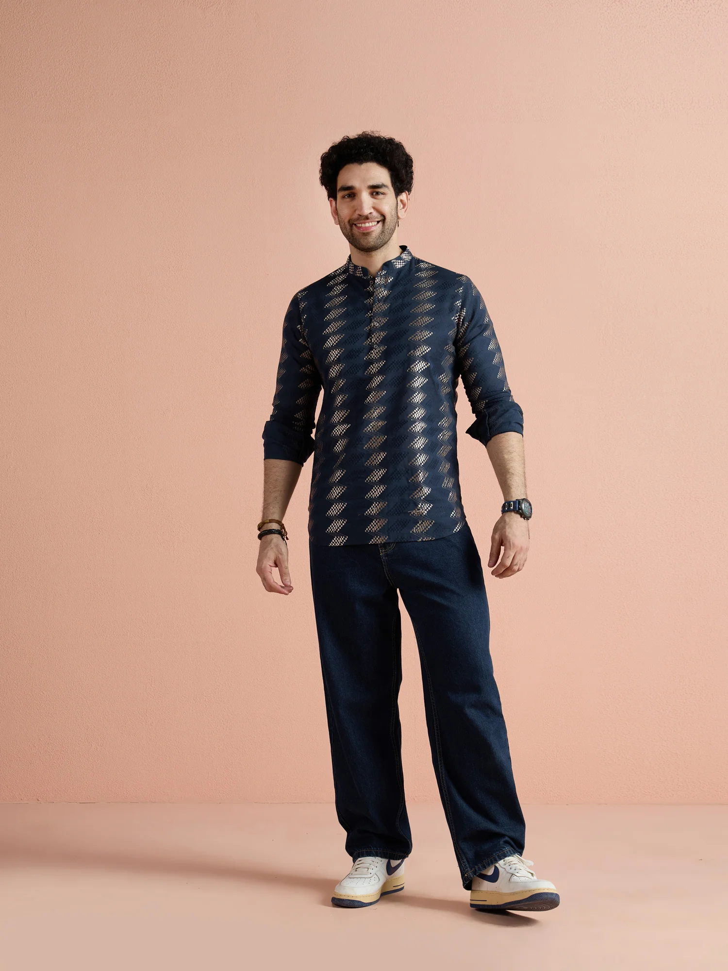 Navy Blue Cotton Jacquard Short Kurta - Image 3