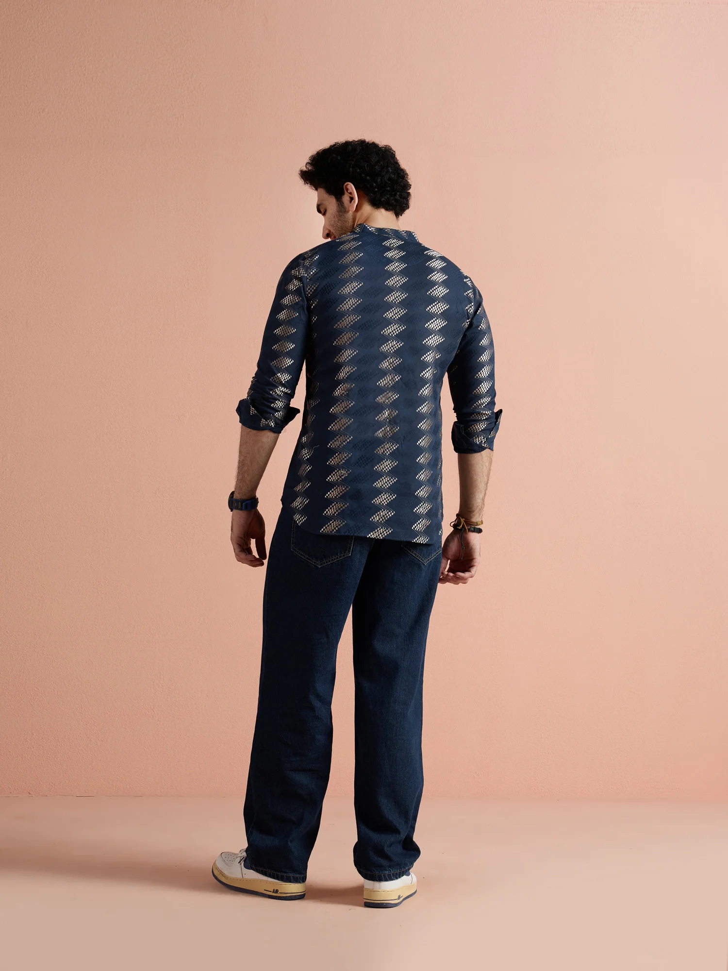 Navy Blue Cotton Jacquard Short Kurta - Image 4