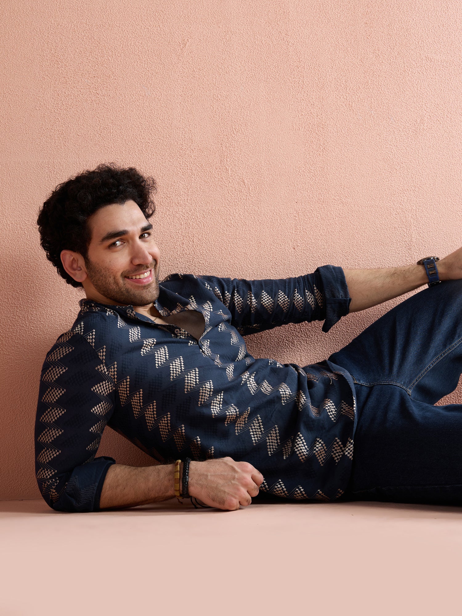 Navy Blue Cotton Jacquard Short Kurta - Image 7