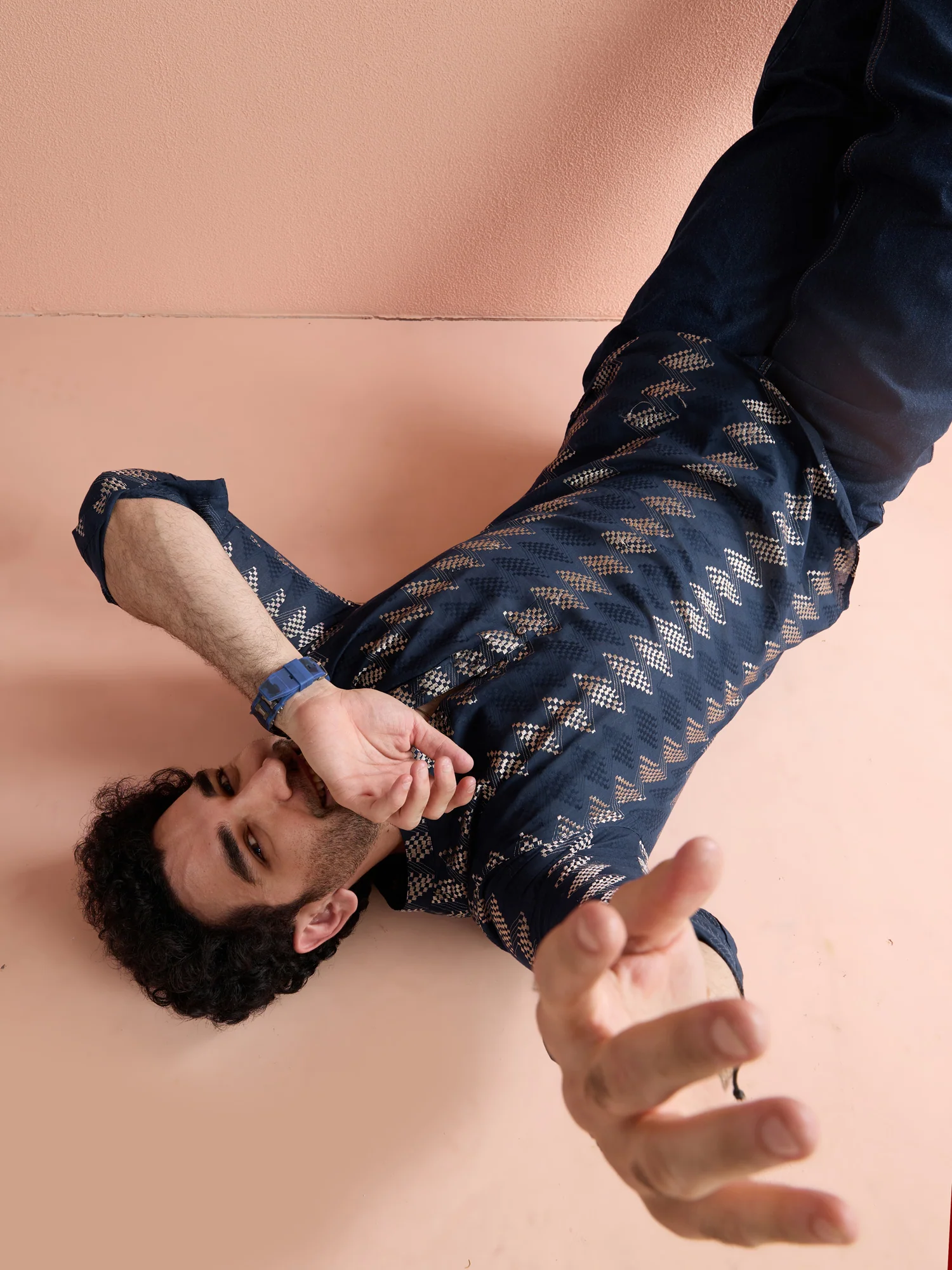 Navy Blue Cotton Jacquard Short Kurta - Image 8