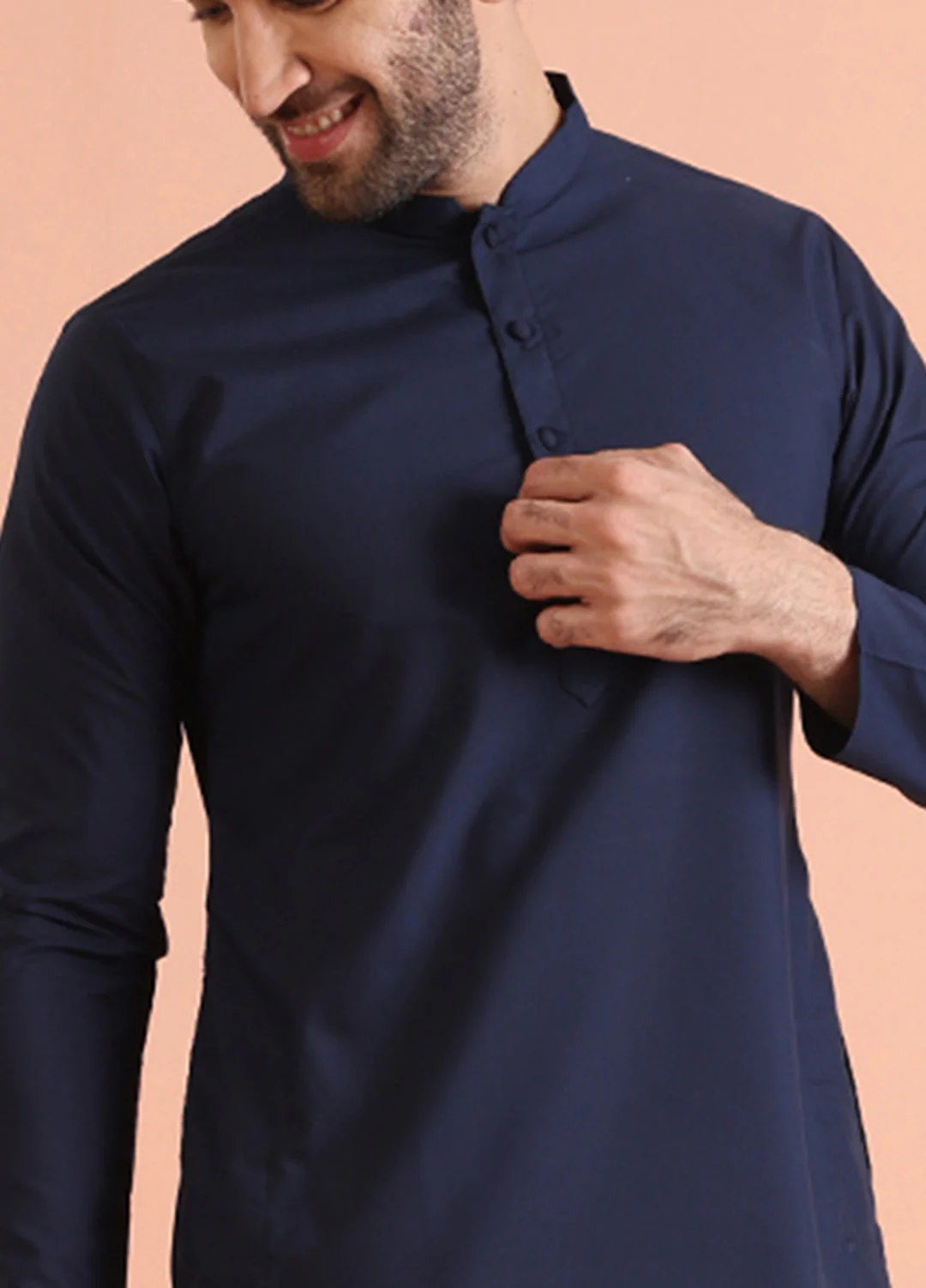 Navy Blue Cotton Plain Kurta - Image 3