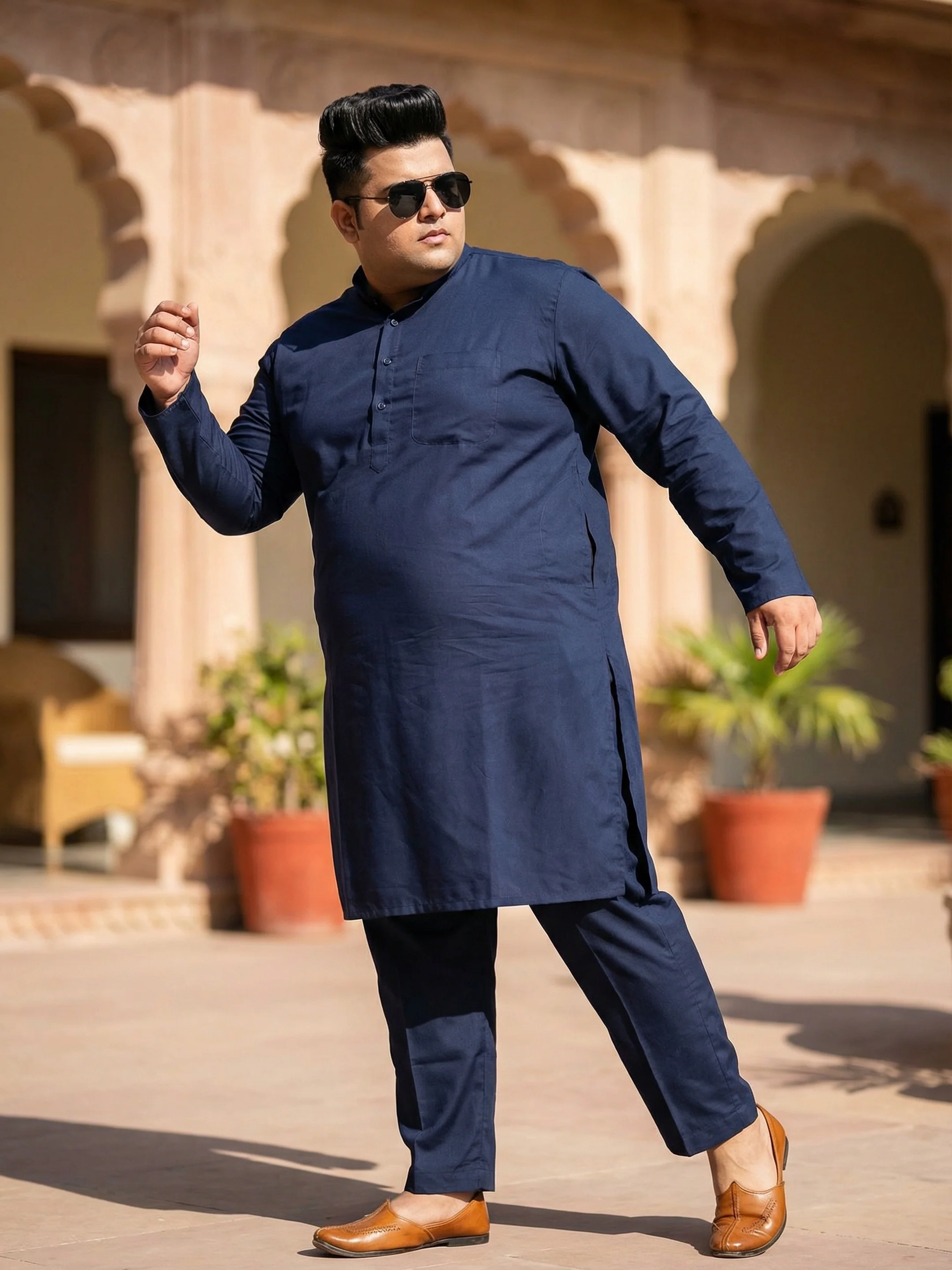 Navy Blue Cotton Plain Kurta - Image 5