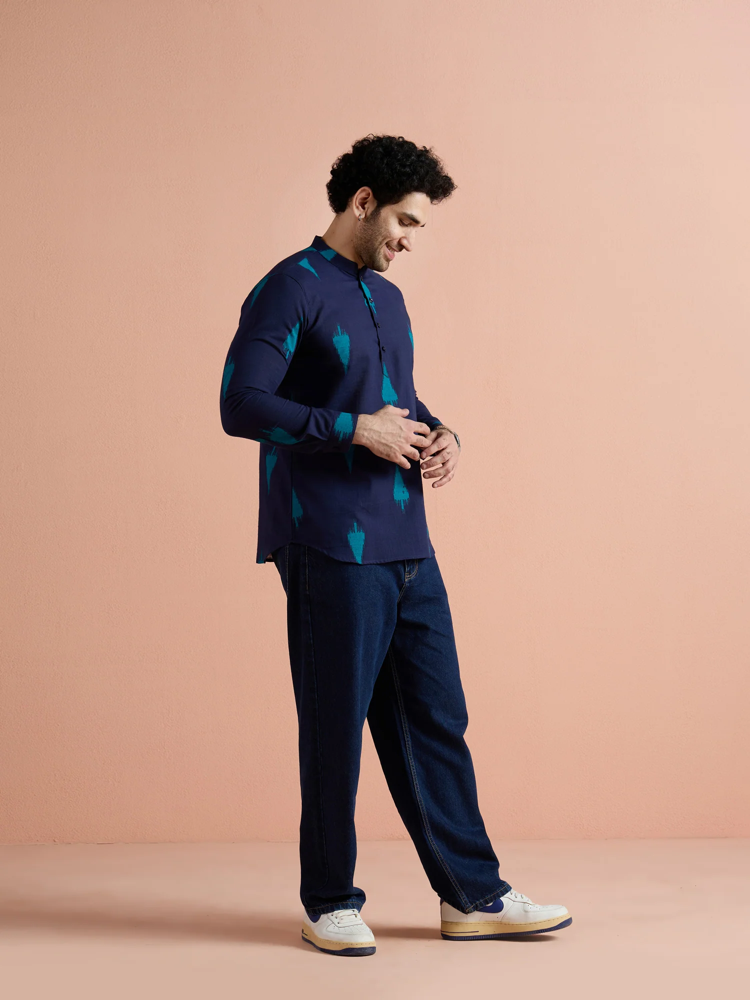 Navy Blue Cotton Printed Short Kurta - Image 2