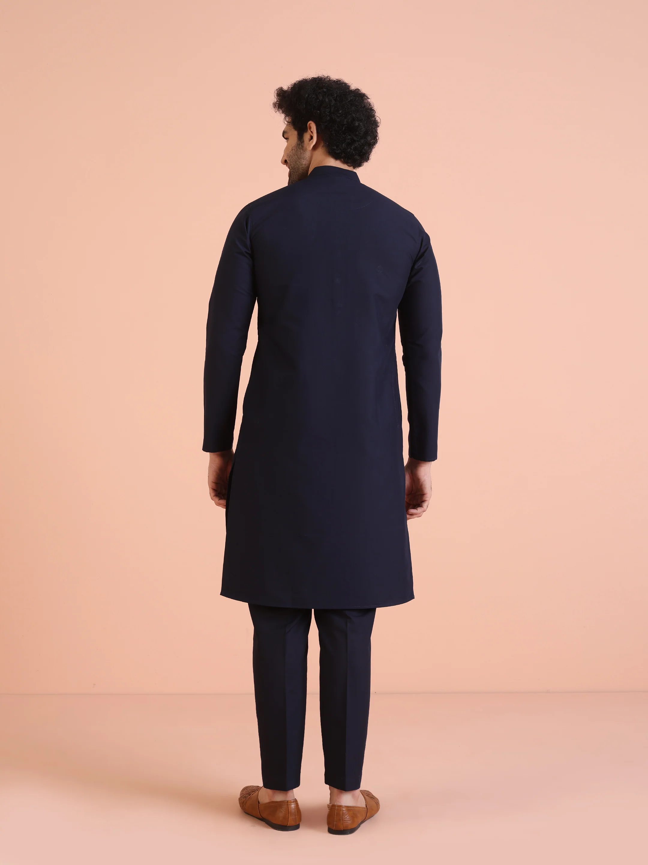 Navy Blue Cotton Silk Embroidered Kurta - Image 4
