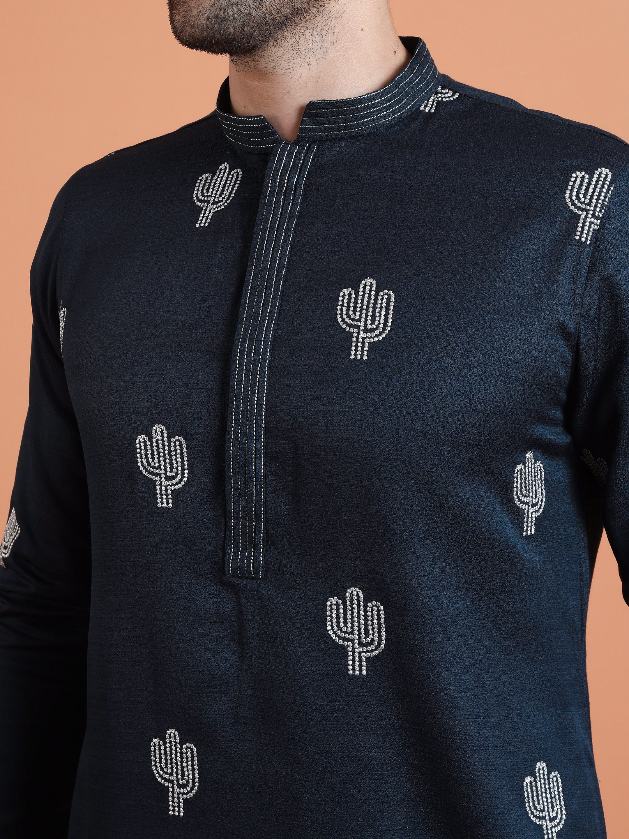 Navy Blue Cotton Silk Embroidered Kurta - Image 5
