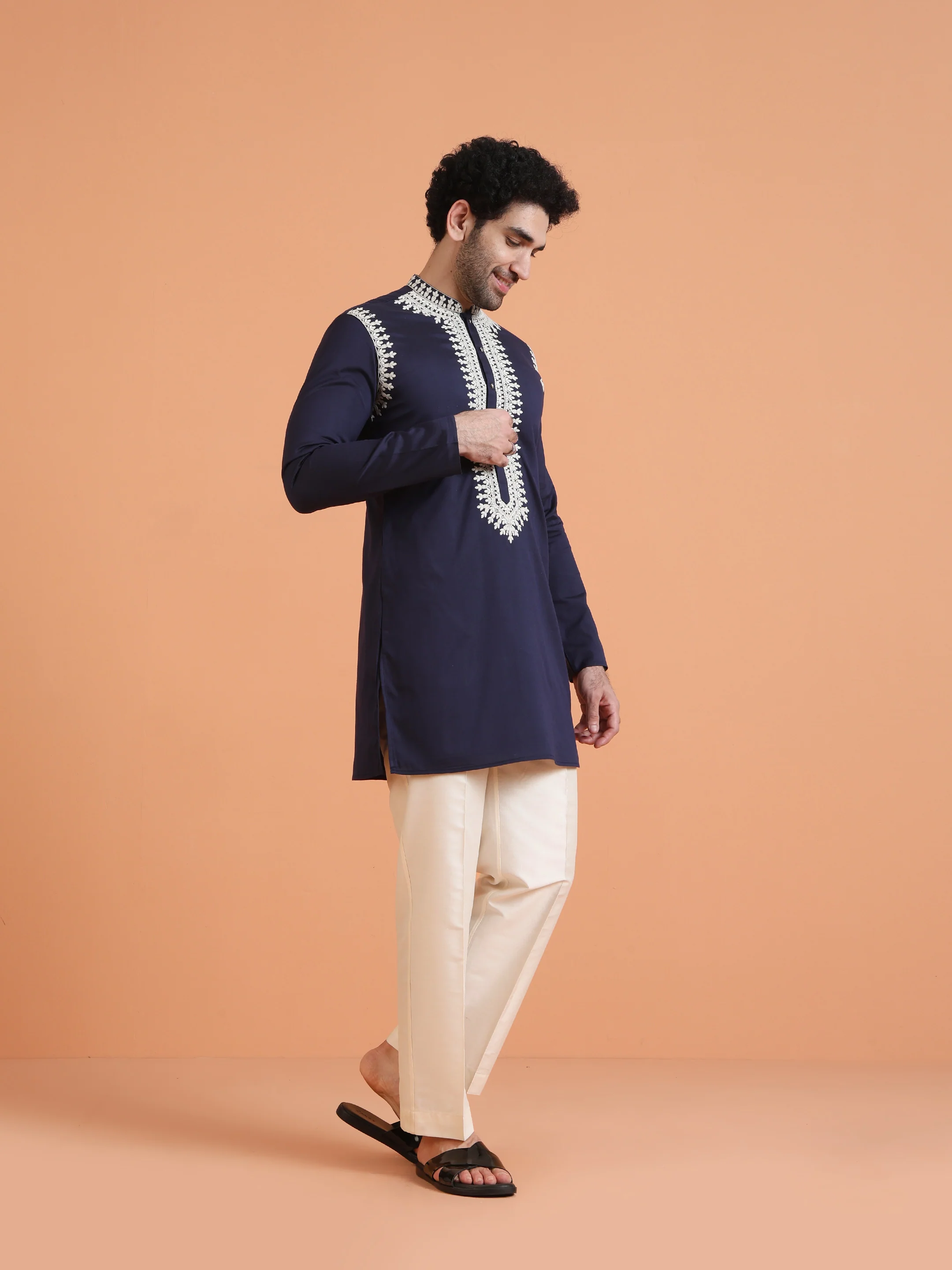 Navy Blue Cotton Silk Embroidered Mid Kurta - Image 3