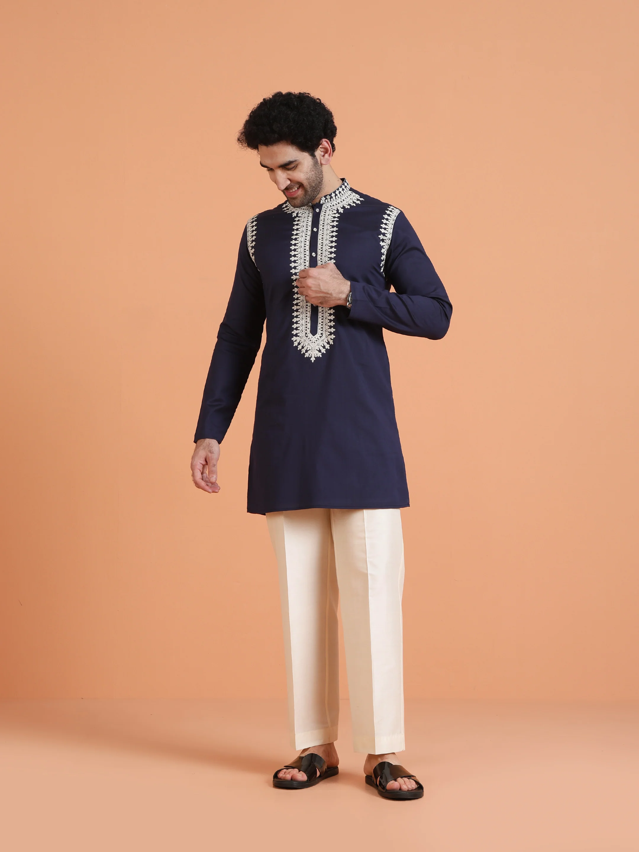 Navy Blue Cotton Silk Embroidered Mid Kurta - Image 6