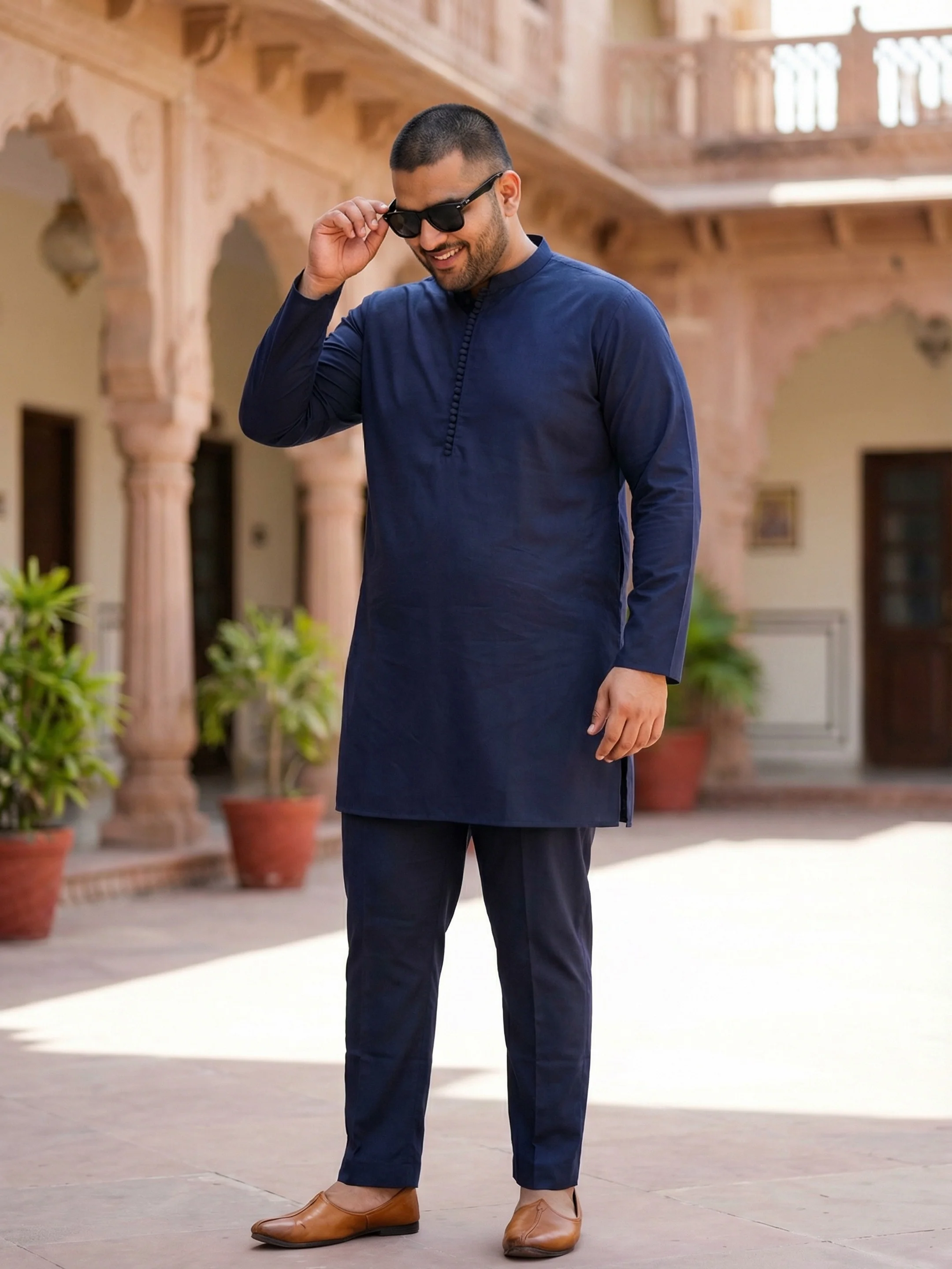Navy Blue Cotton Silk Mid Kurta - Image 5