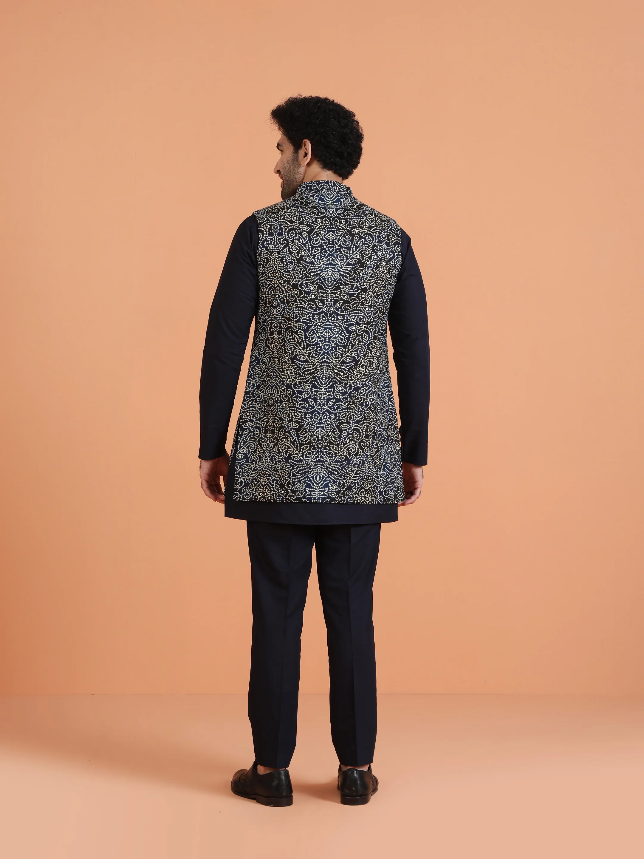 Navy Blue Cotton Silk Mirror Jacket Kurta Trouser Set - Image 4