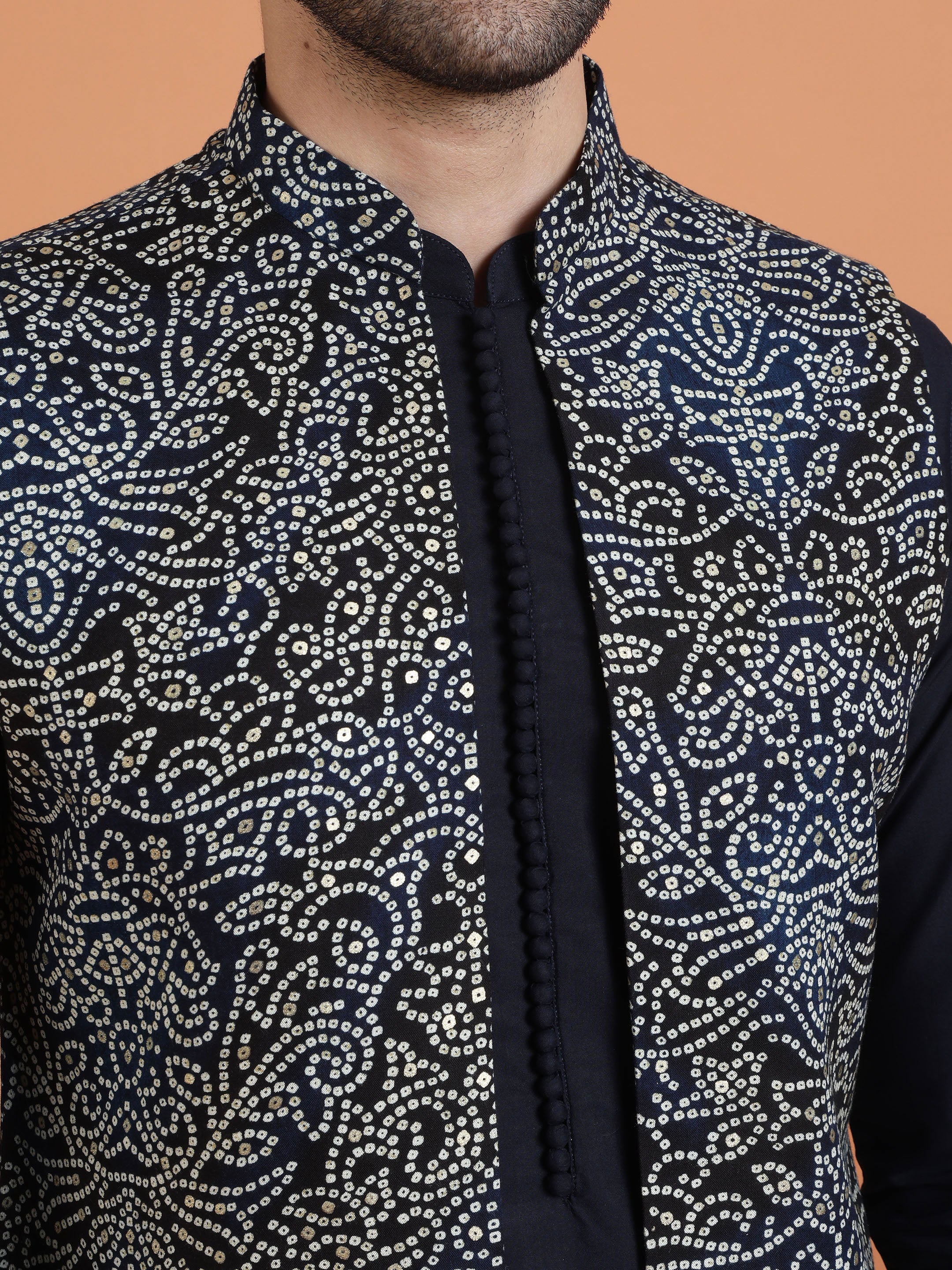 Navy Blue Cotton Silk Mirror Jacket Kurta Trouser Set - Image 5