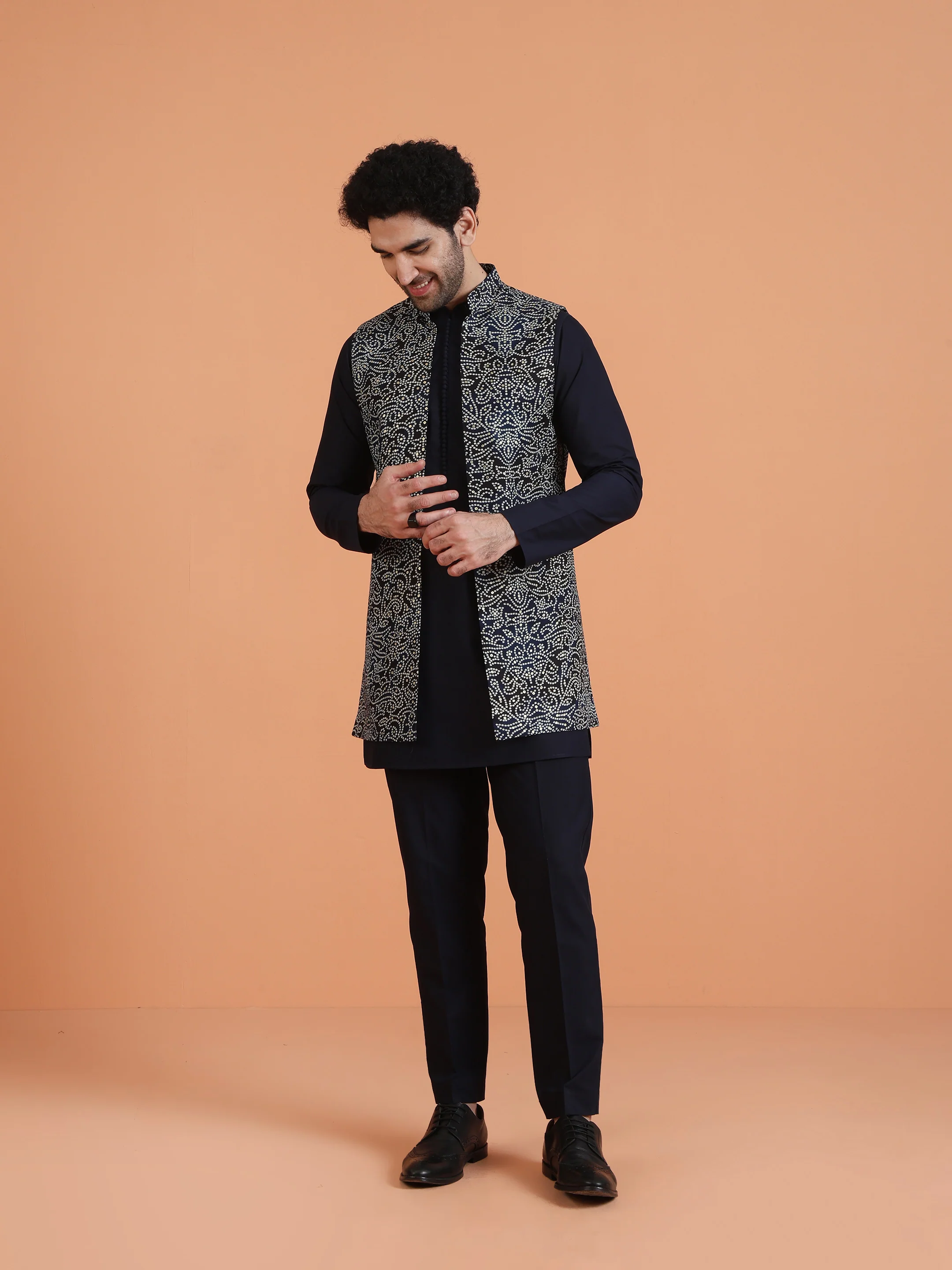 Navy Blue Cotton Silk Mirror Jacket Kurta Trouser Set - Image 7
