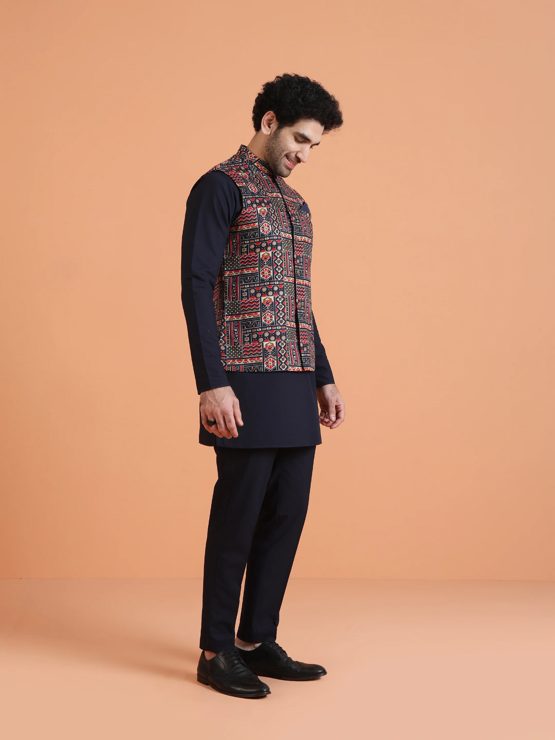 Navy Blue Cotton Silk Printed Jacket Kurta Trouser Set - Image 2