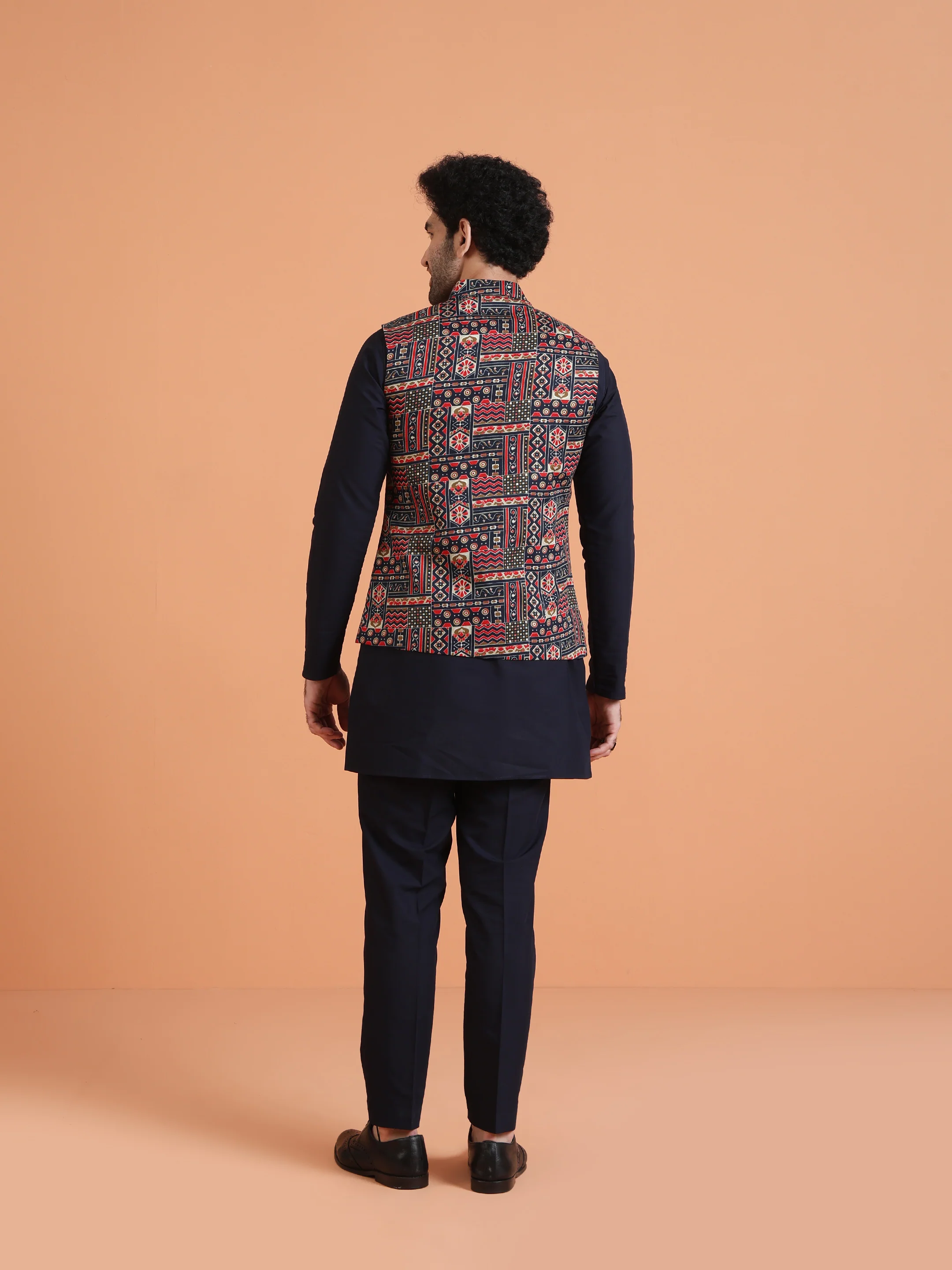 Navy Blue Cotton Silk Printed Jacket Kurta Trouser Set - Image 4