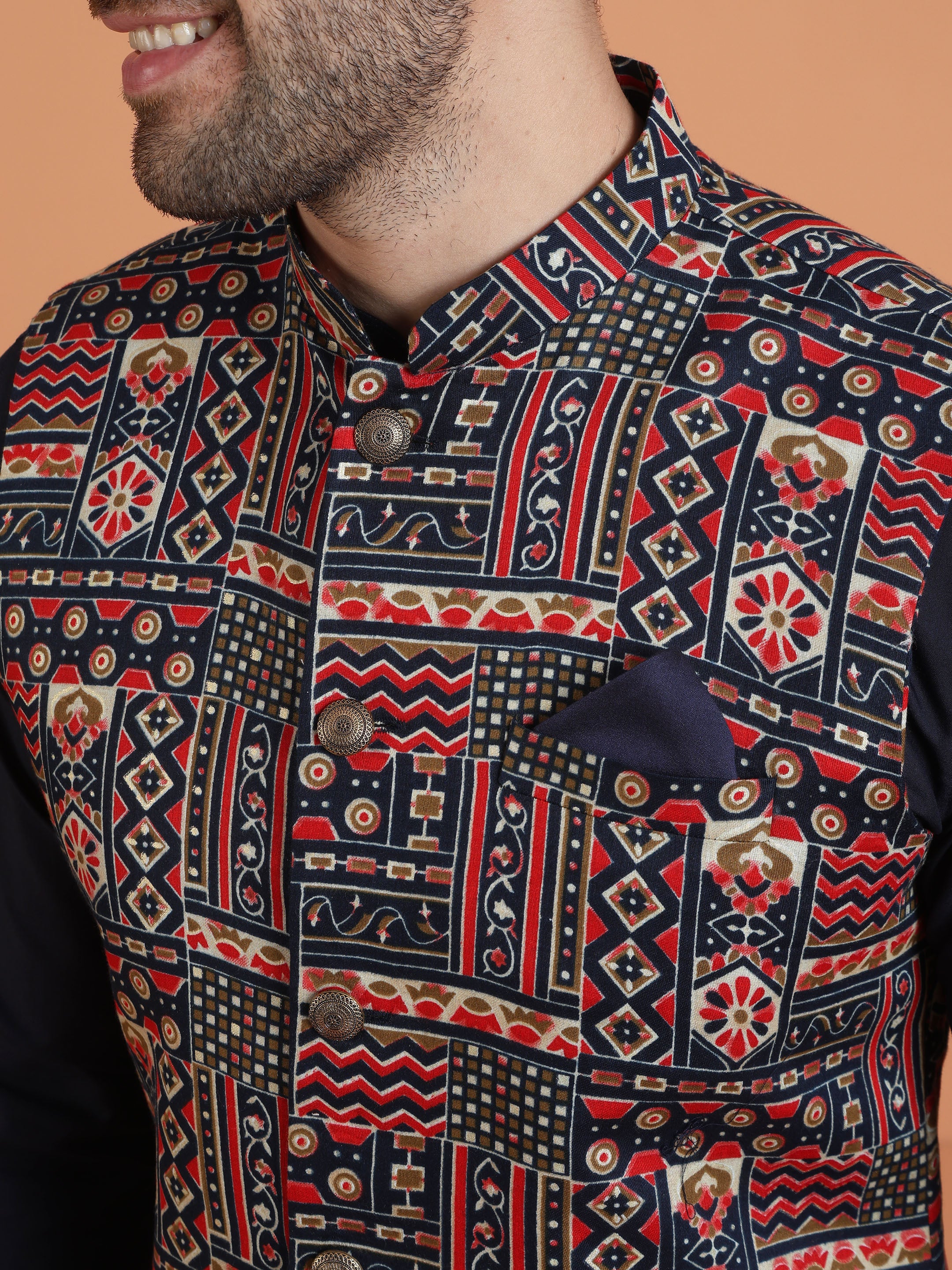 Navy Blue Cotton Silk Printed Jacket Kurta Trouser Set - Image 5