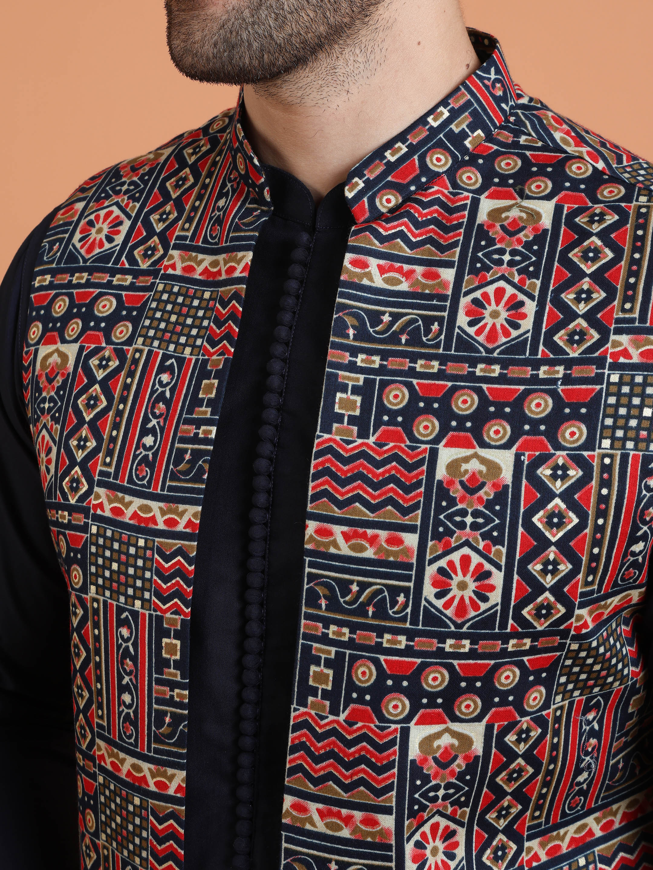 Navy Blue Cotton Silk Printed Jacket Kurta Trouser Set - Image 5