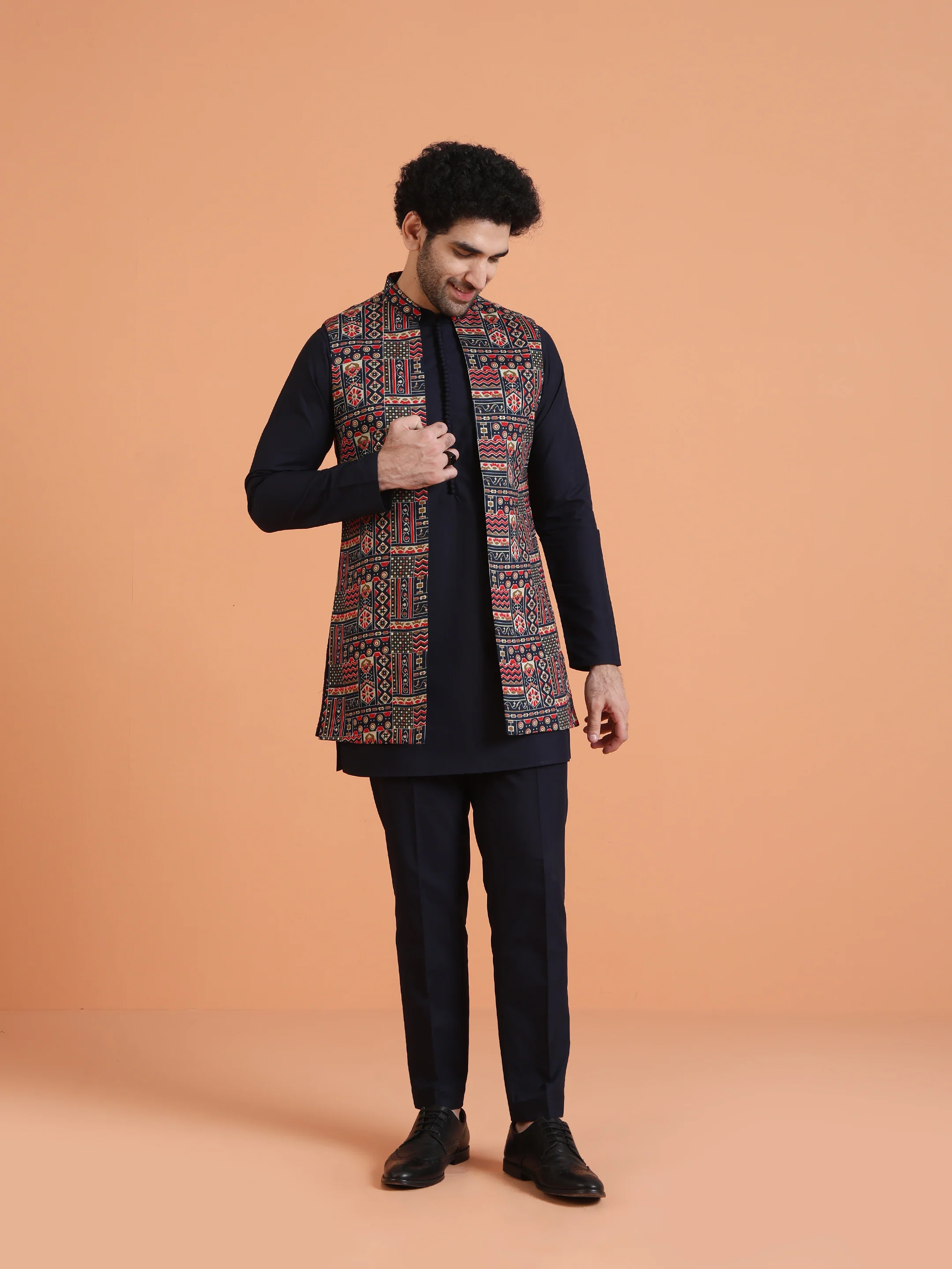 Navy Blue Cotton Silk Printed Jacket Kurta Trouser Set - Image 7