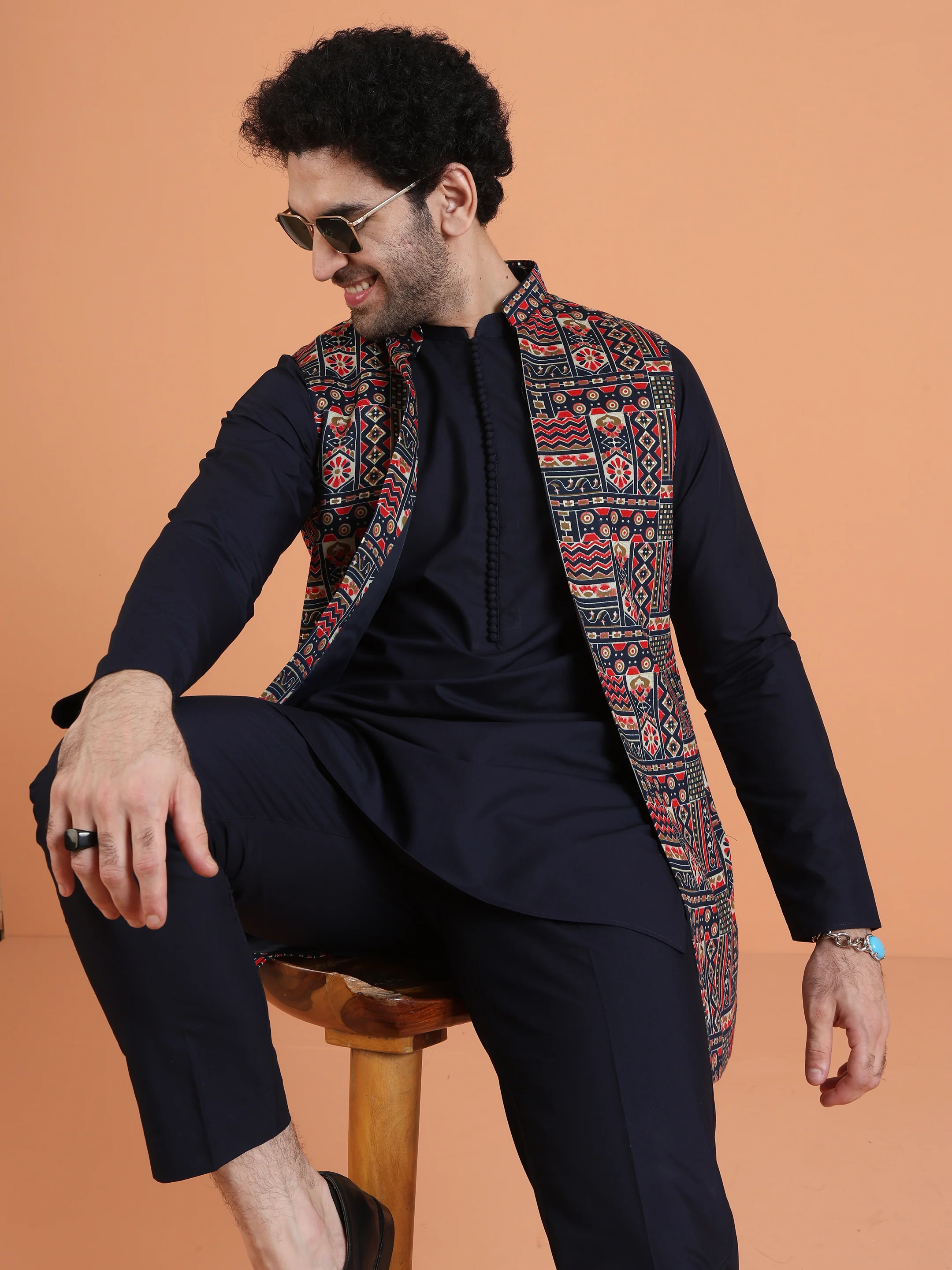 Navy Blue Cotton Silk Printed Jacket Kurta Trouser Set - Image 8