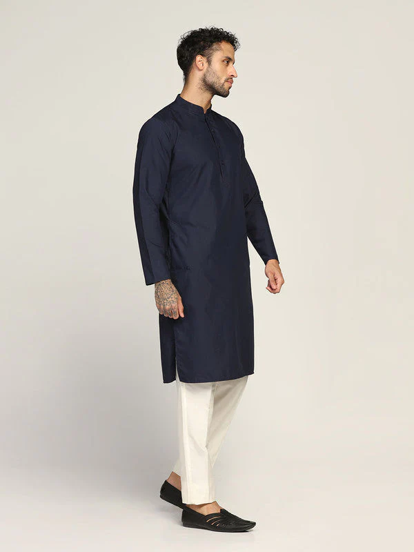 Navy Blue Cotton Silk Solid Kurta Trouser Set - Image 2