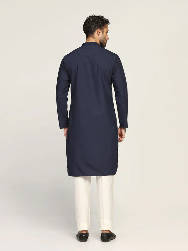 Navy Blue Cotton Silk Solid Kurta Trouser Set - Image 4