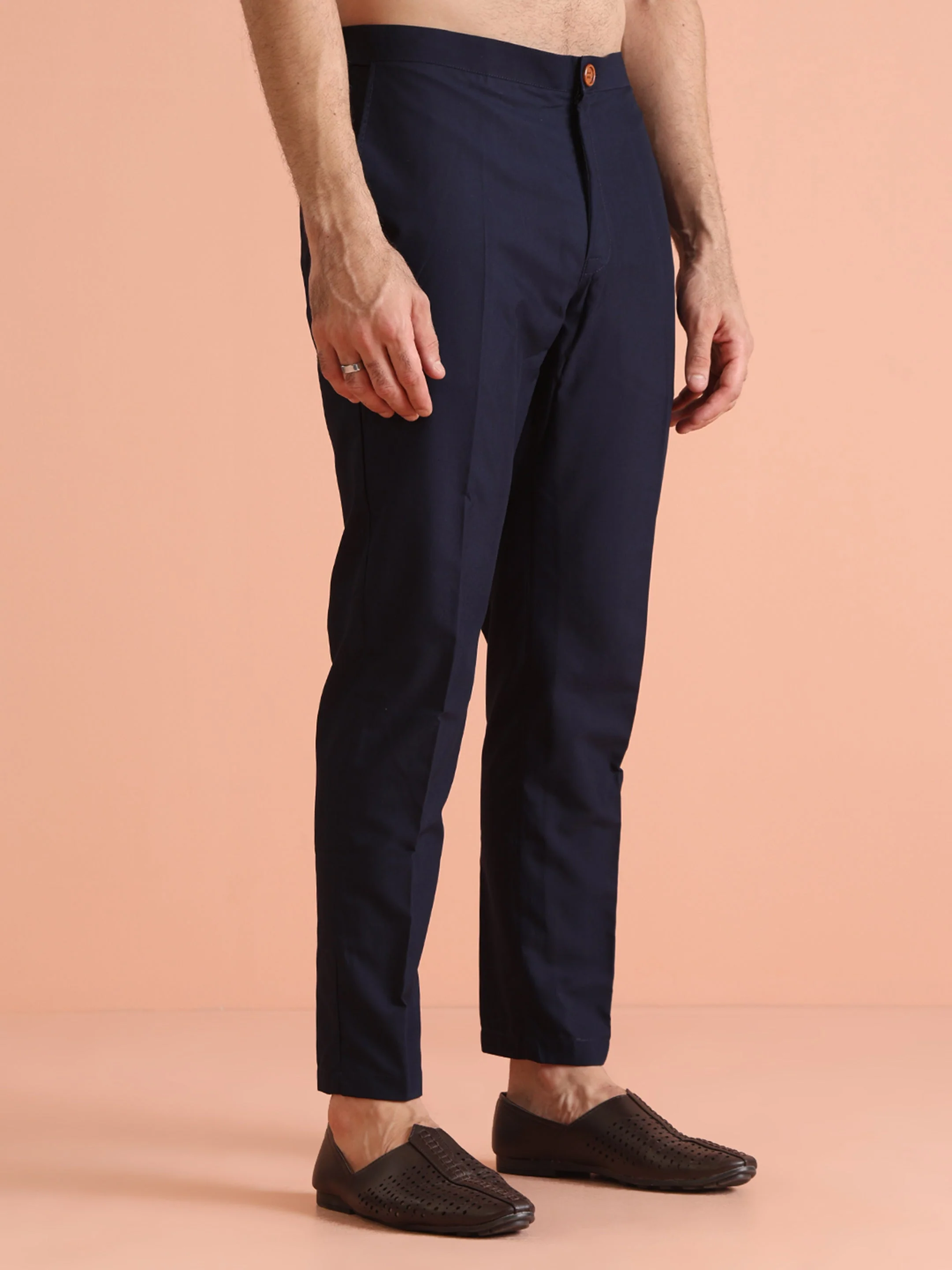 Navy Blue Cotton Silk Solid Kurta Trouser Set - Image 6