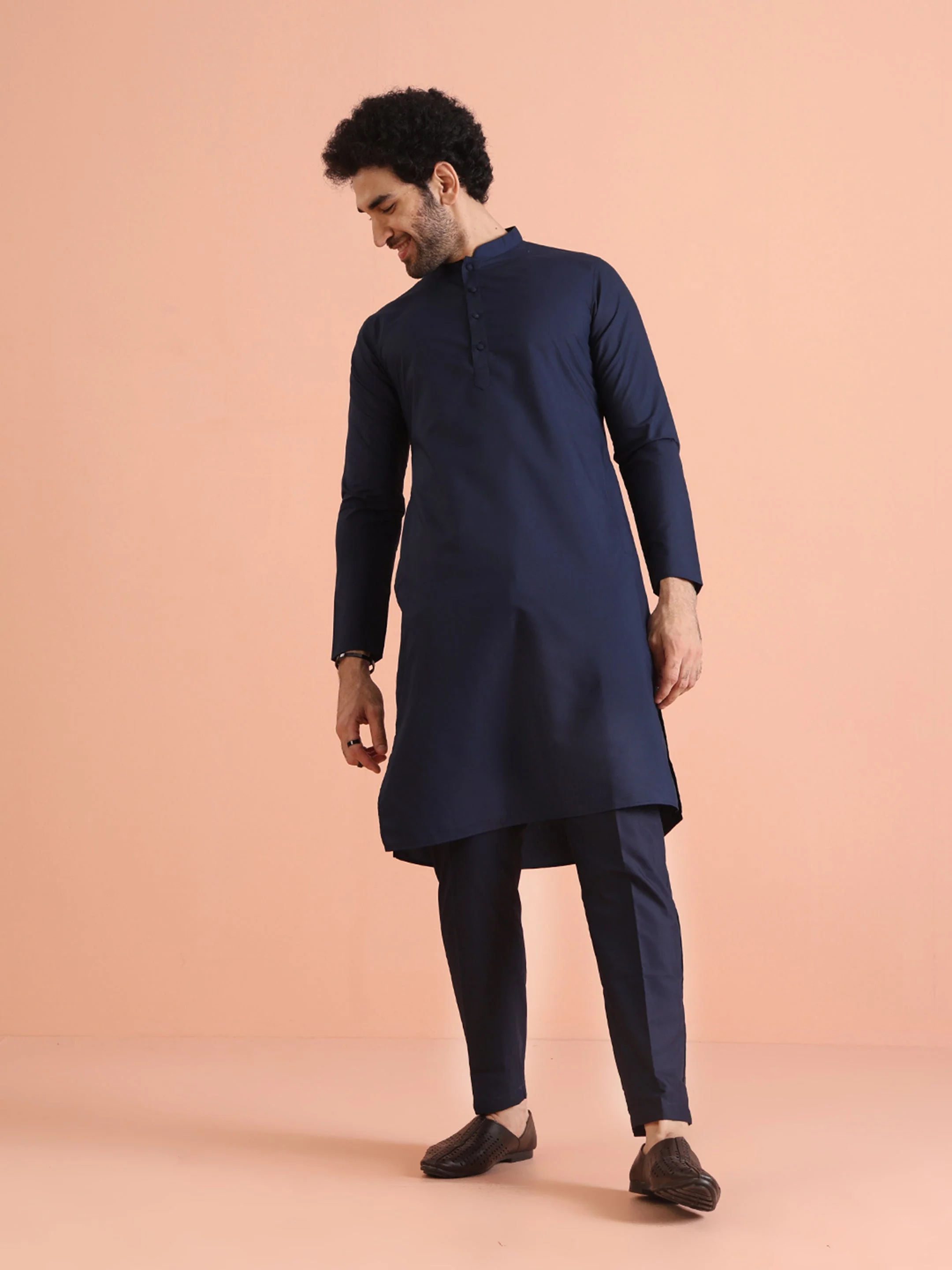 Navy Blue Cotton Silk Solid Kurta Trouser Set - Image 7