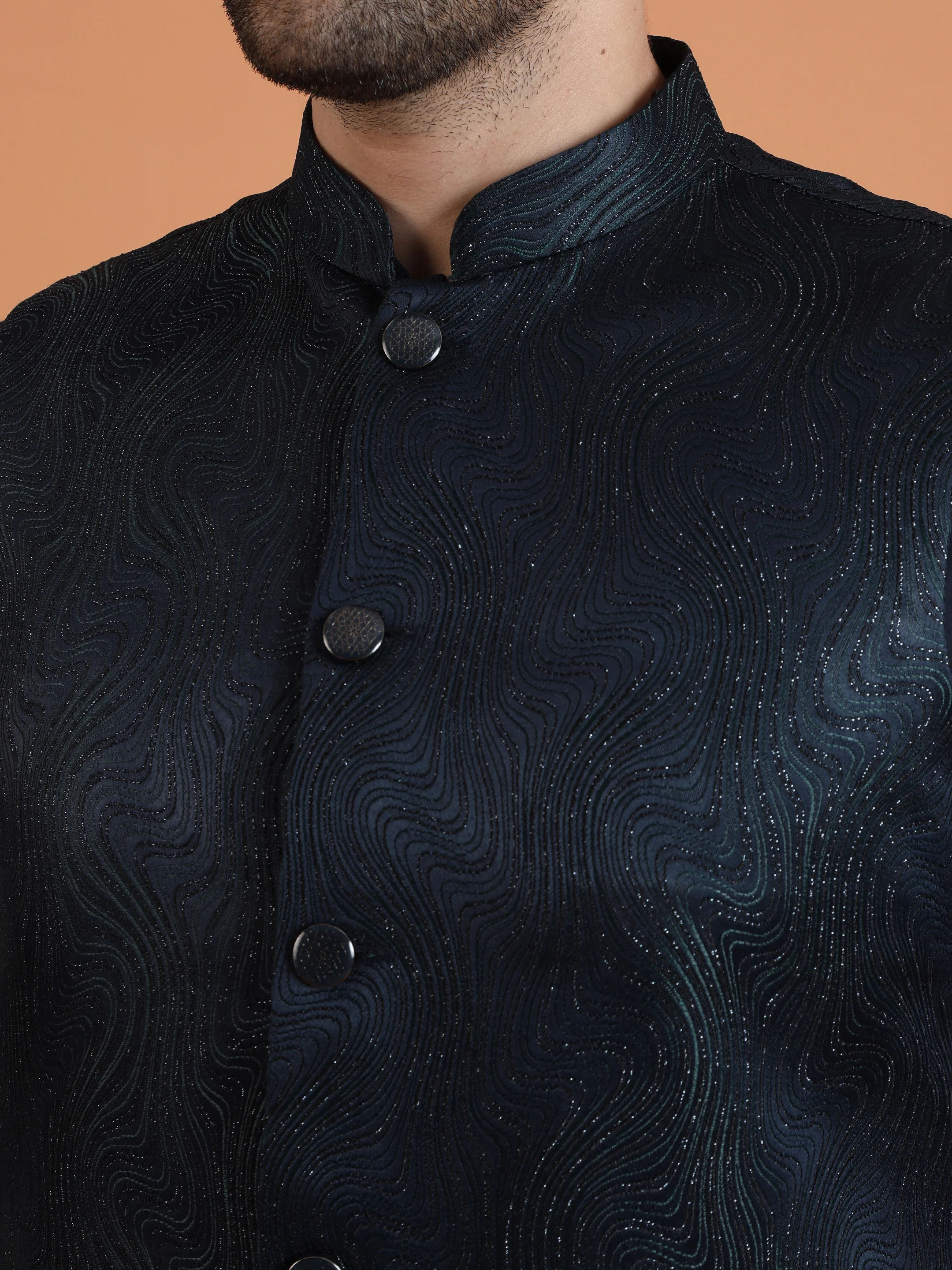 Navy Blue Cotton Silk Textured Jacket Kurta Trouser Set - Image 5