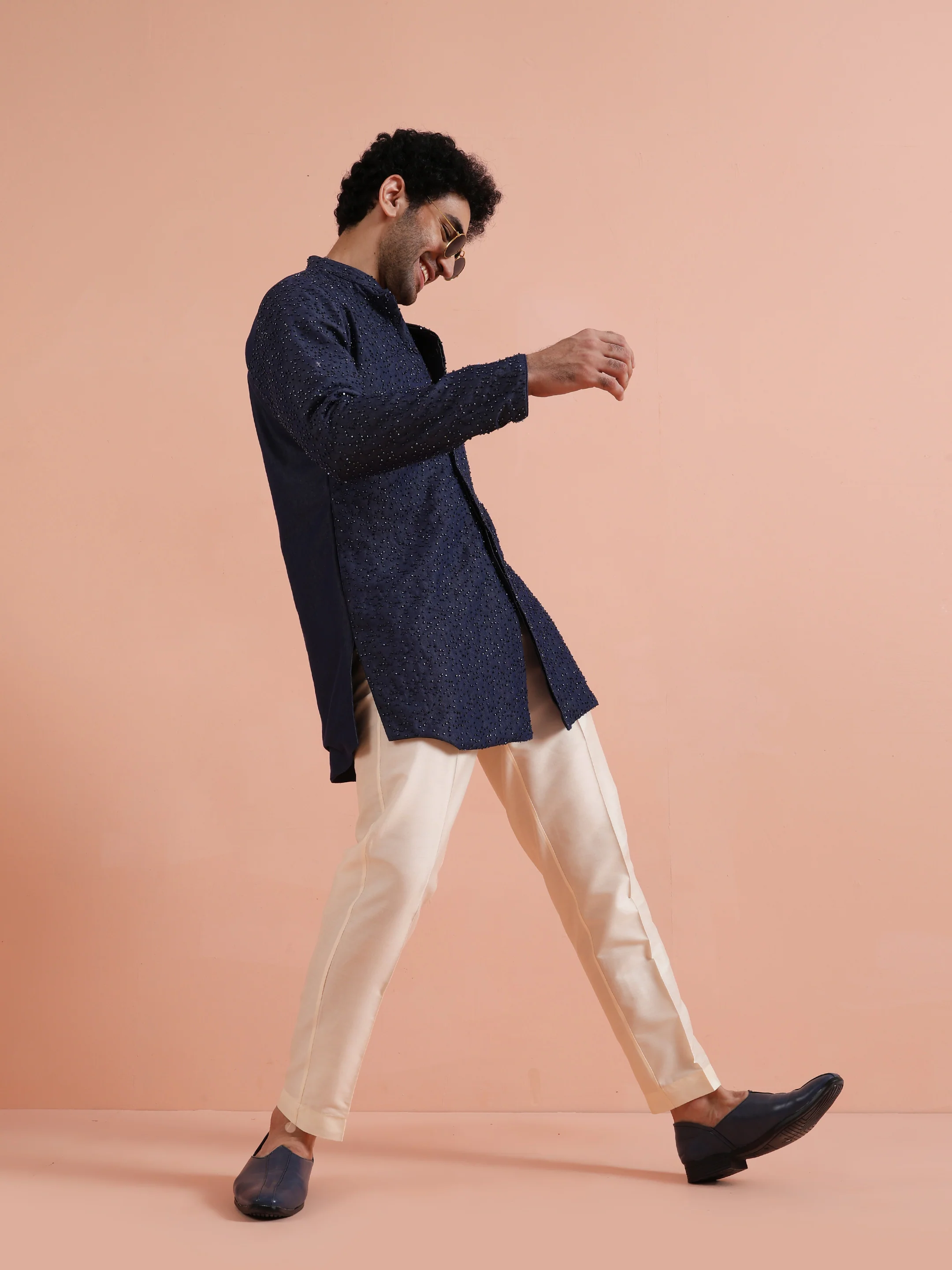 Navy Blue Embellished Cotton Kurta Trouser Set - Image 10