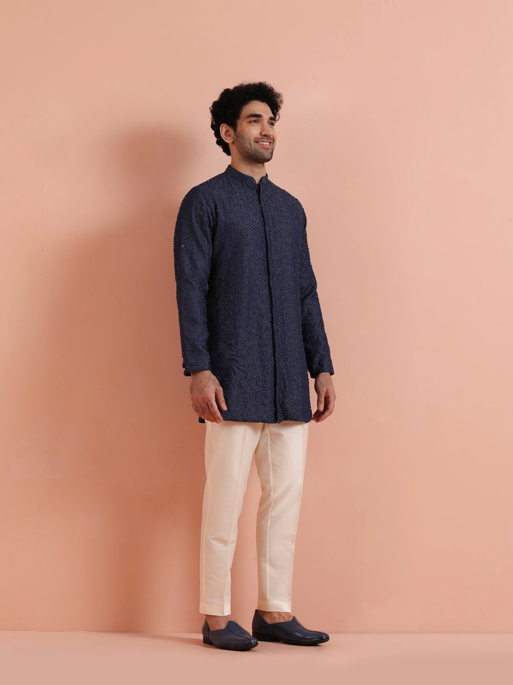 Navy Blue Embellished Cotton Kurta Trouser Set - Image 2