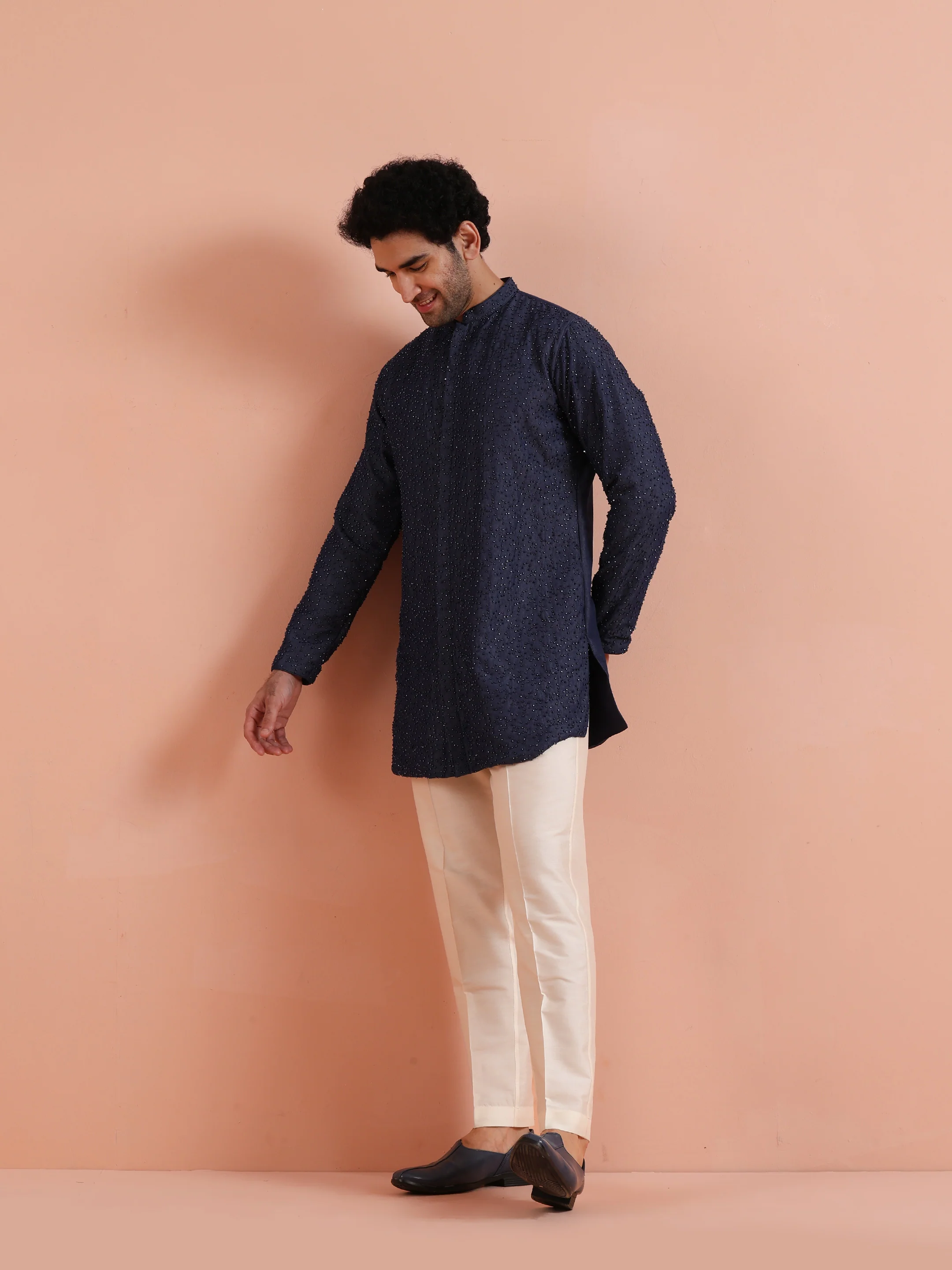 Navy Blue Embellished Cotton Kurta Trouser Set - Image 3