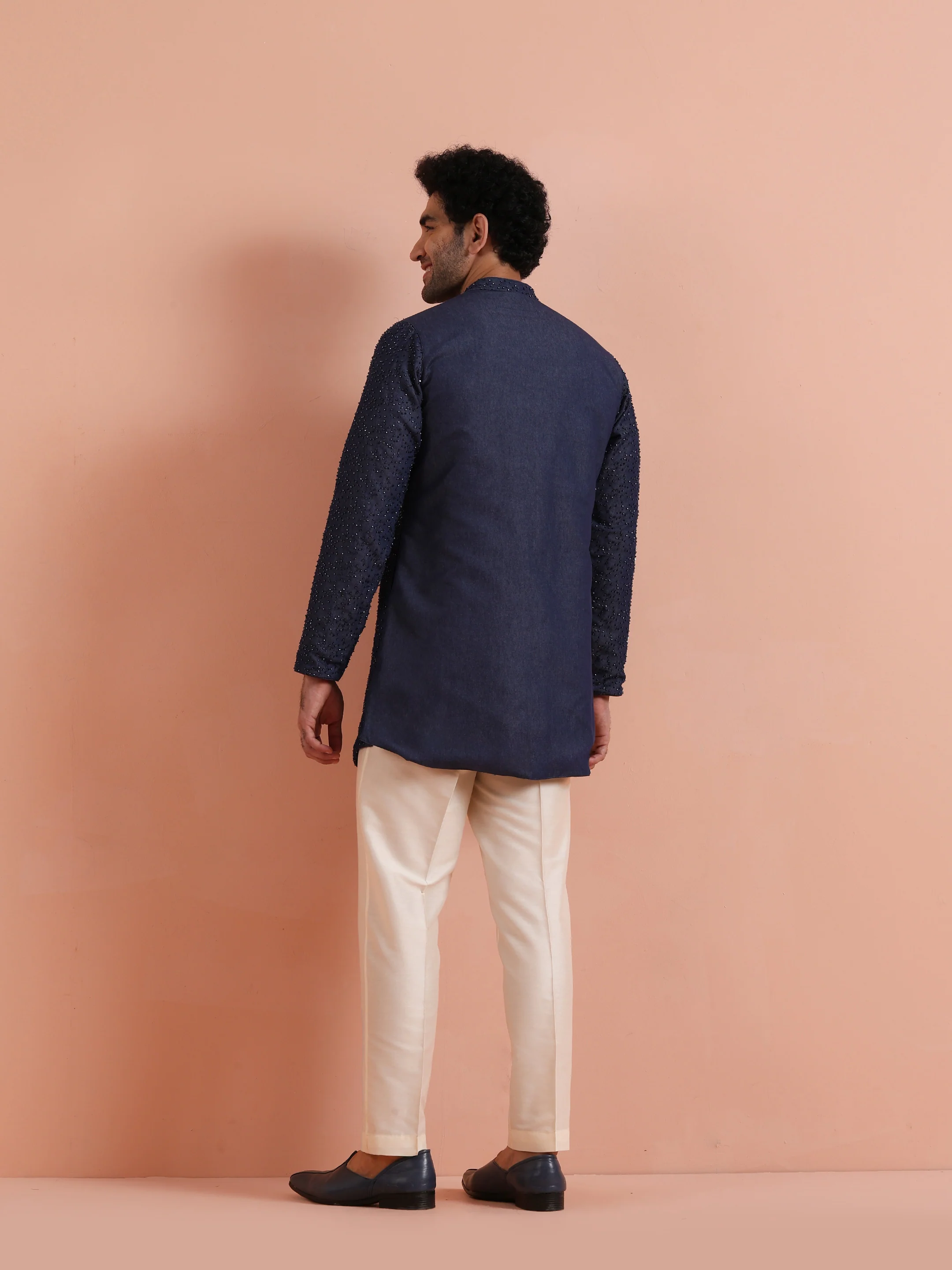 Navy Blue Embellished Cotton Kurta Trouser Set - Image 4