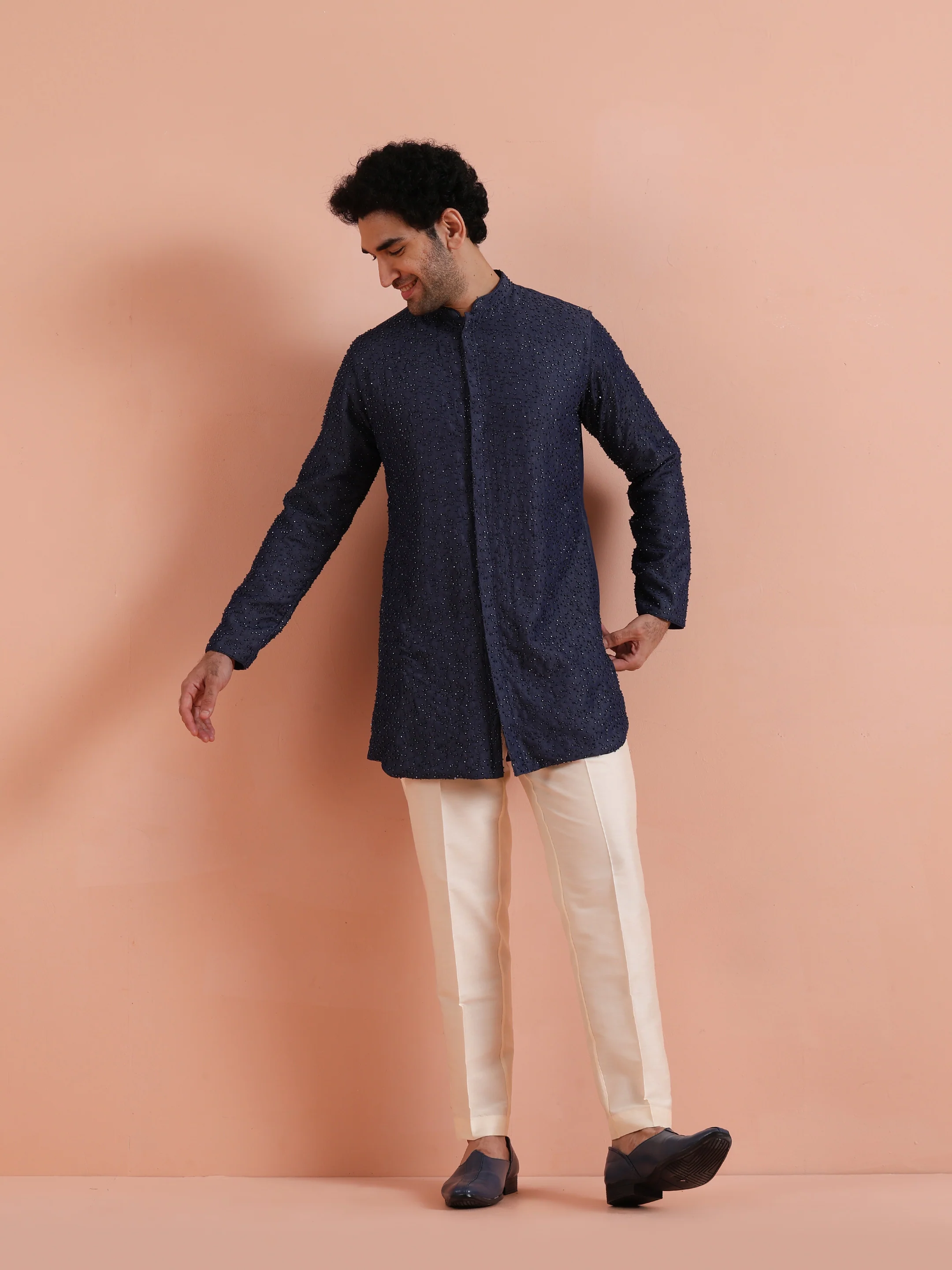 Navy Blue Embellished Cotton Kurta Trouser Set - Image 7