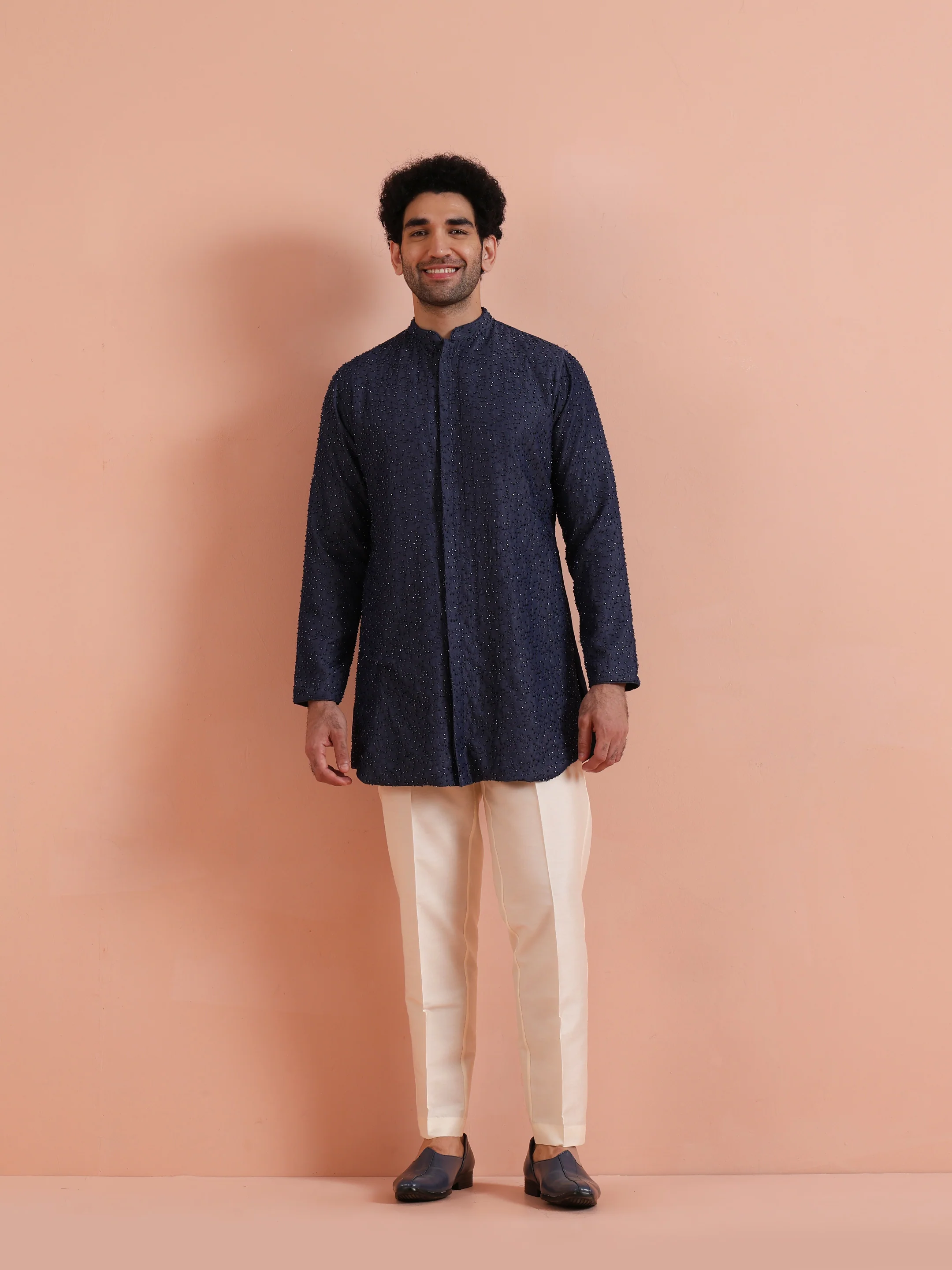Navy Blue Embellished Cotton Kurta Trouser Set - Image 8