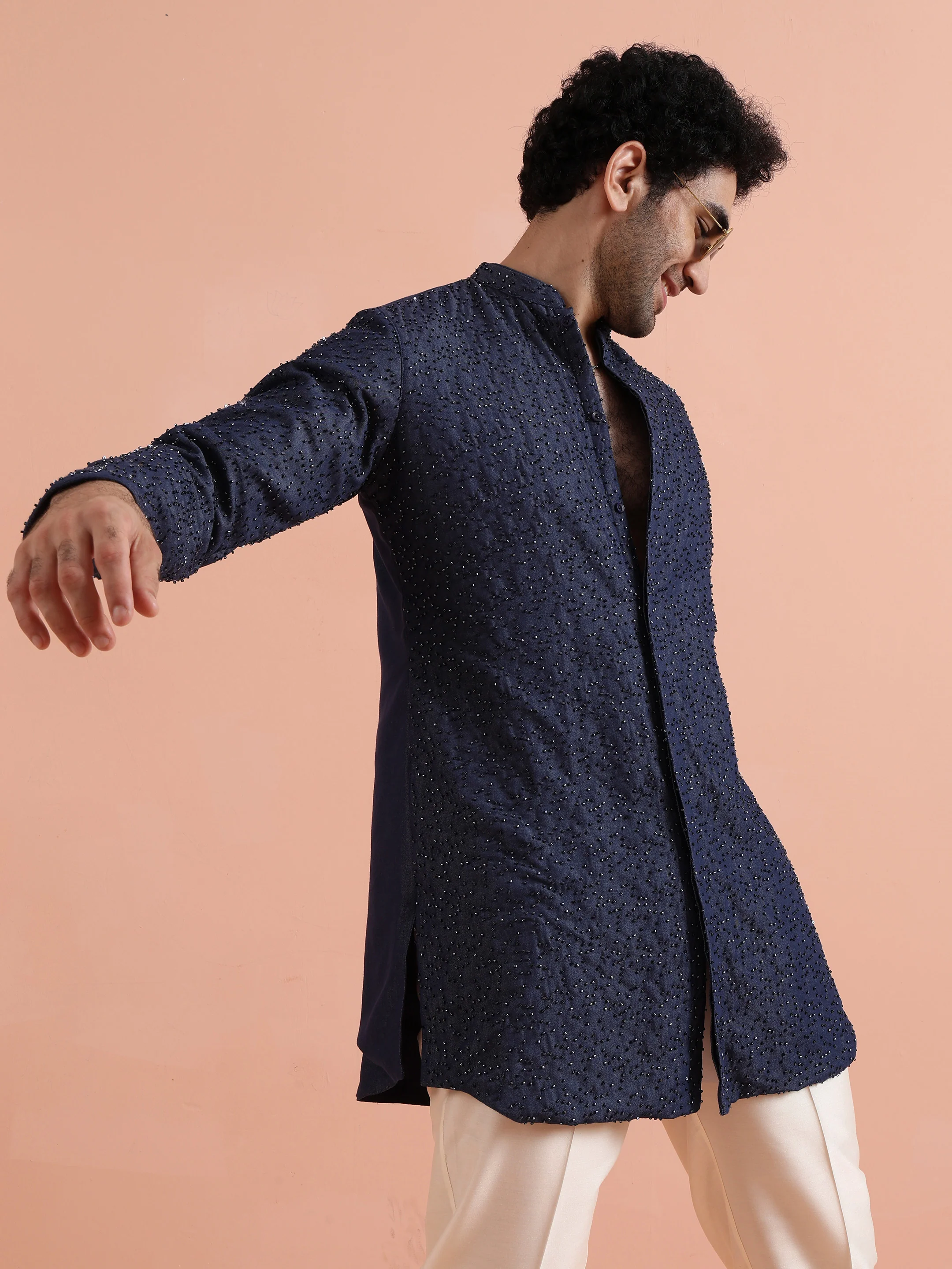 Navy Blue Embellished Cotton Kurta Trouser Set - Image 9