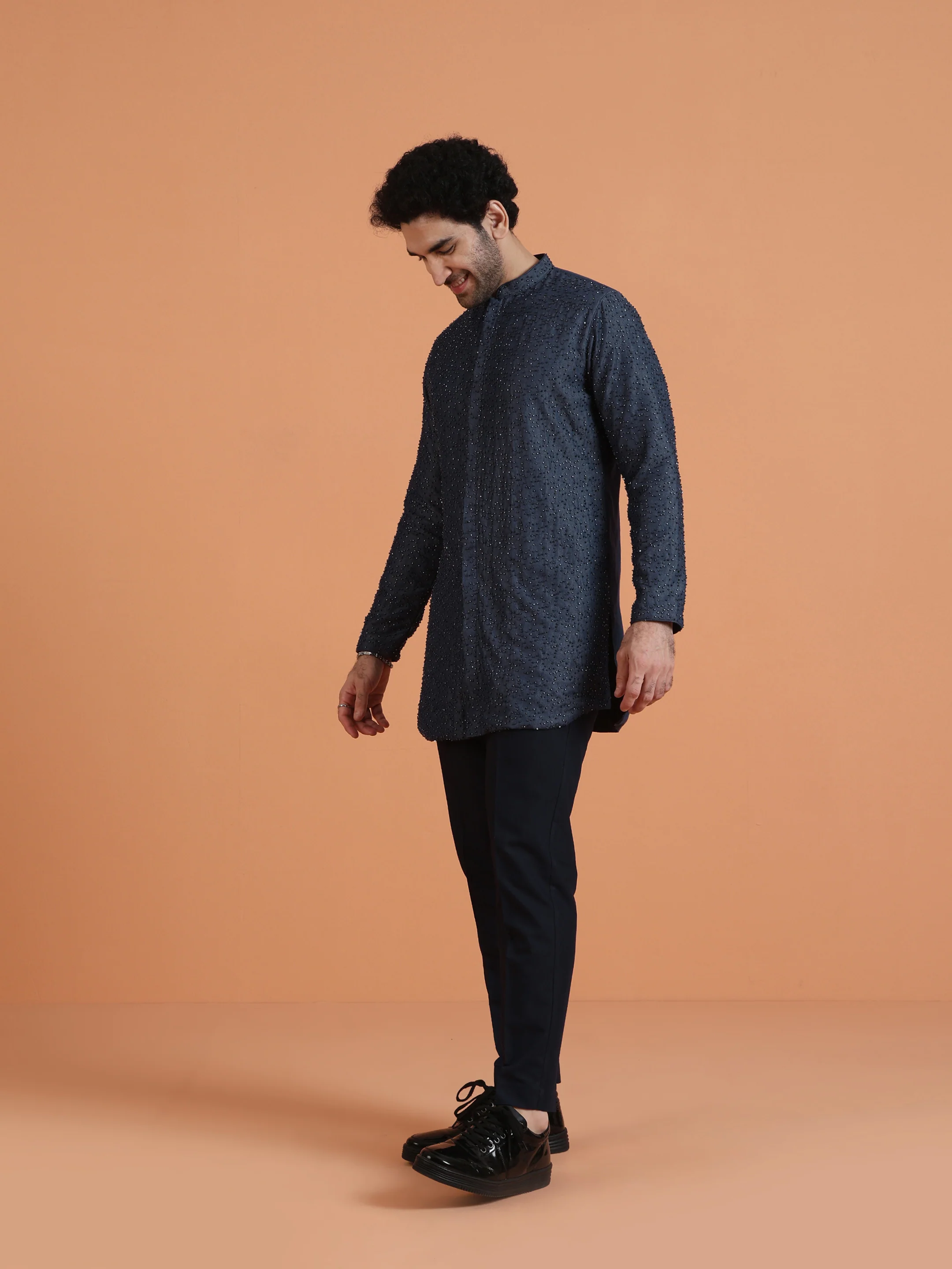 Navy Blue Embellished Front Open Mid Kurta with Trouser Set - Image 2