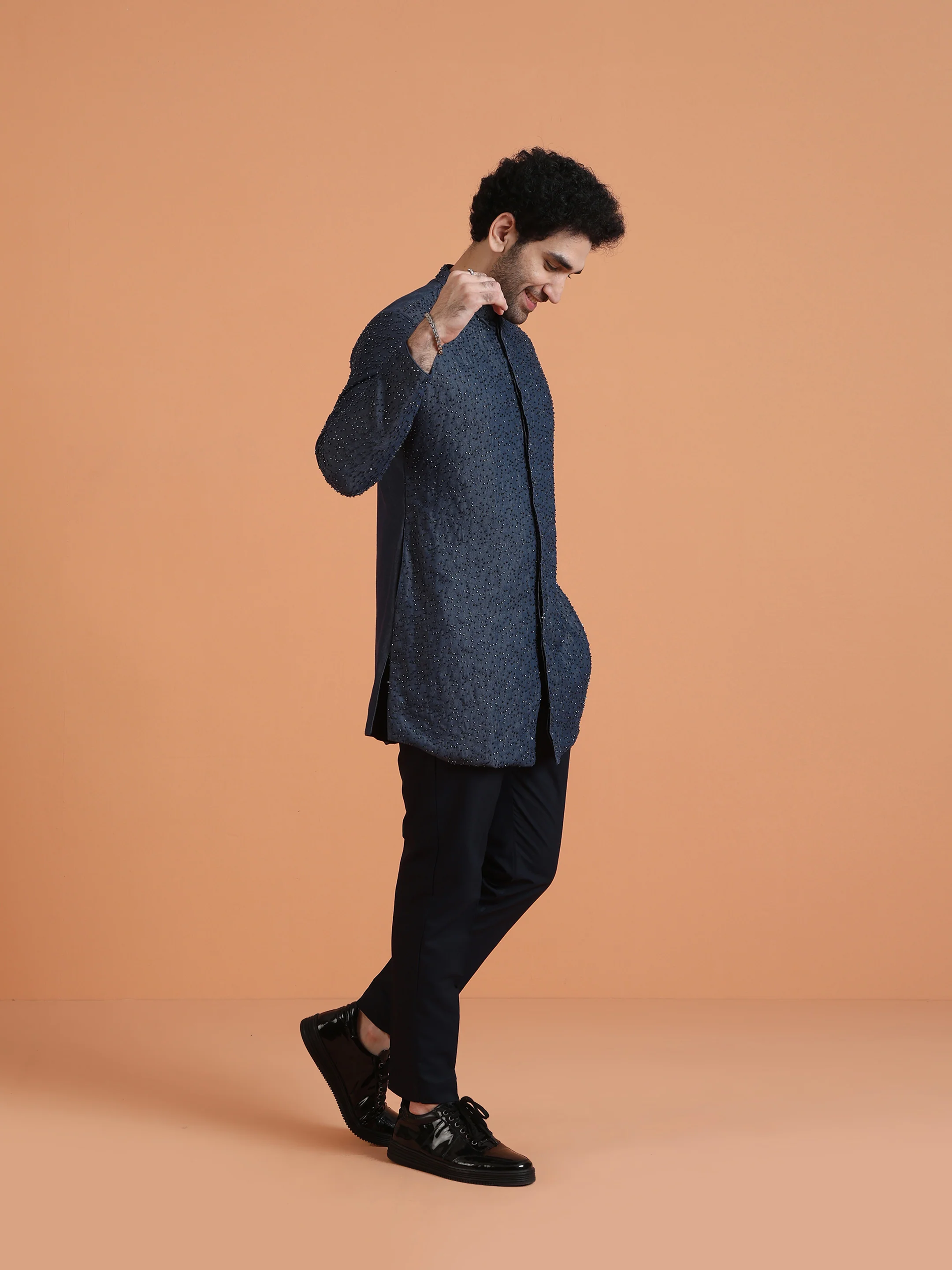 Navy Blue Embellished Front Open Mid Kurta with Trouser Set - Image 3