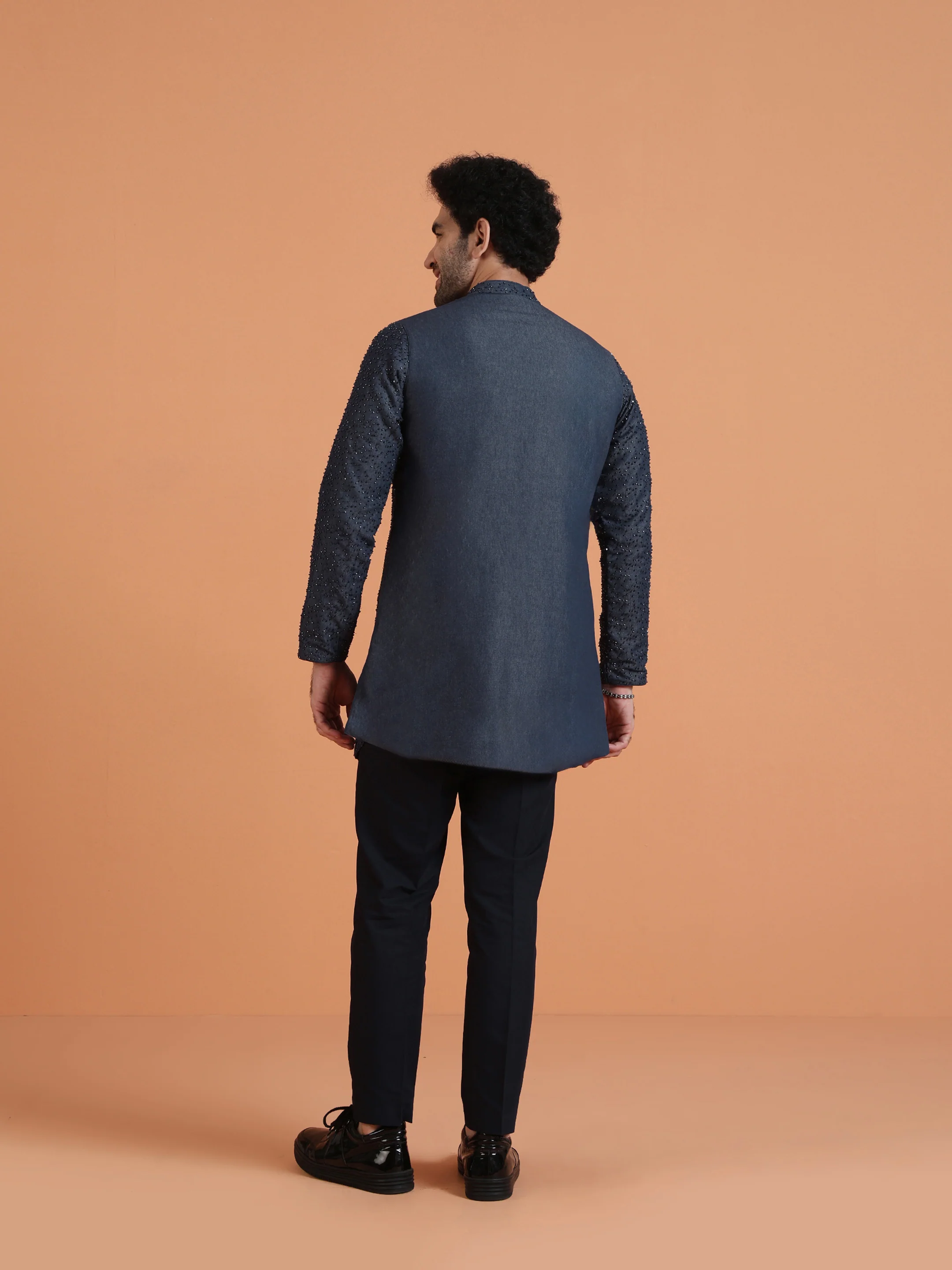 Navy Blue Embellished Front Open Mid Kurta with Trouser Set - Image 4