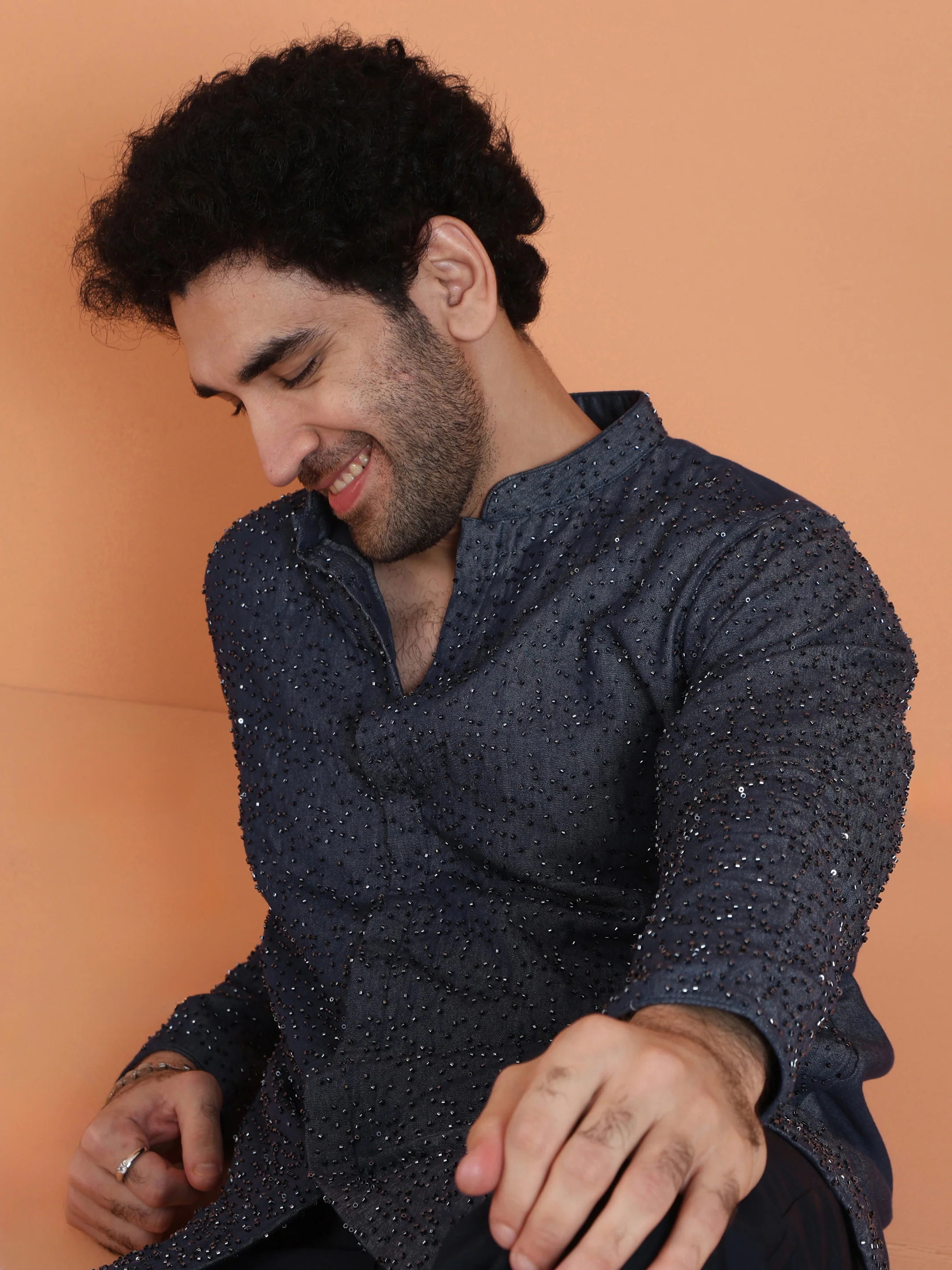 Navy Blue Embellished Front Open Mid Kurta with Trouser Set - Image 7