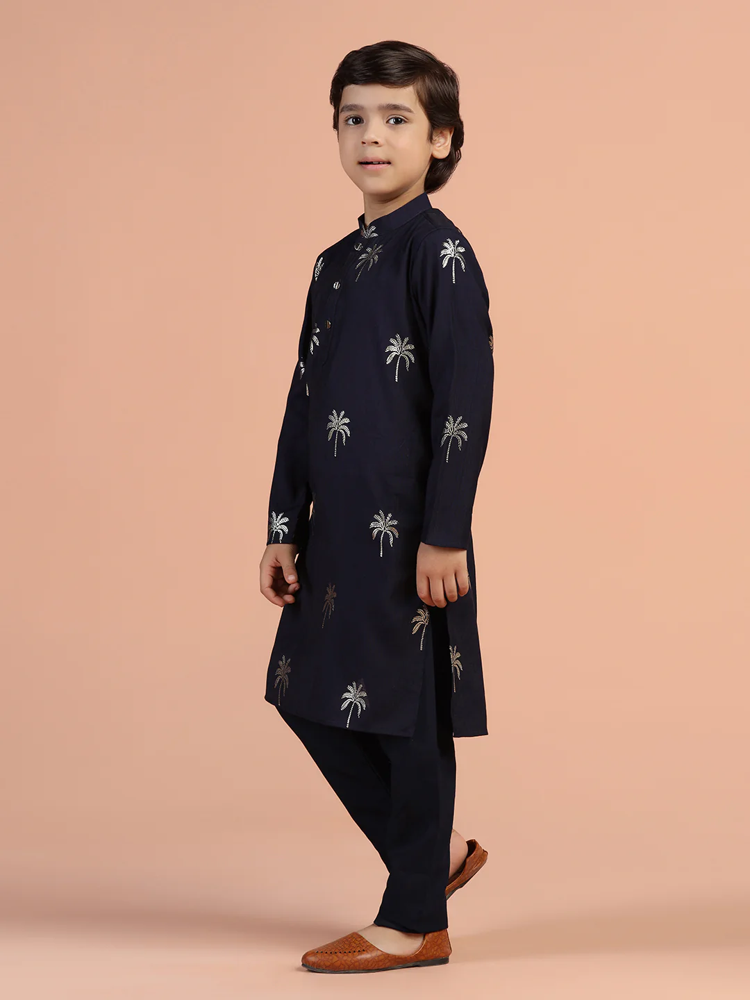 Navy Blue Embroidered Kids Kurta Set - Image 2