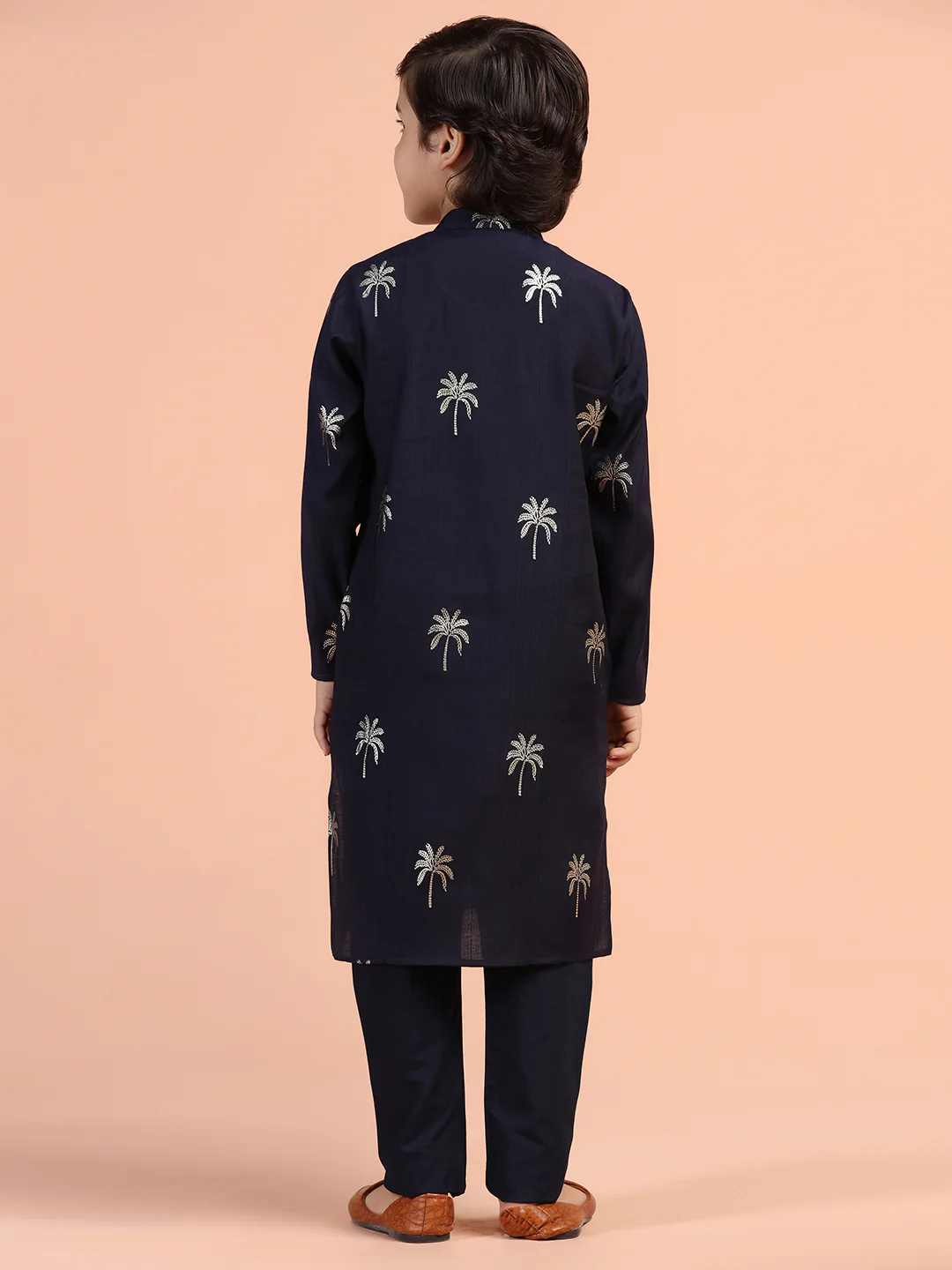 Navy Blue Embroidered Kids Kurta Set - Image 4