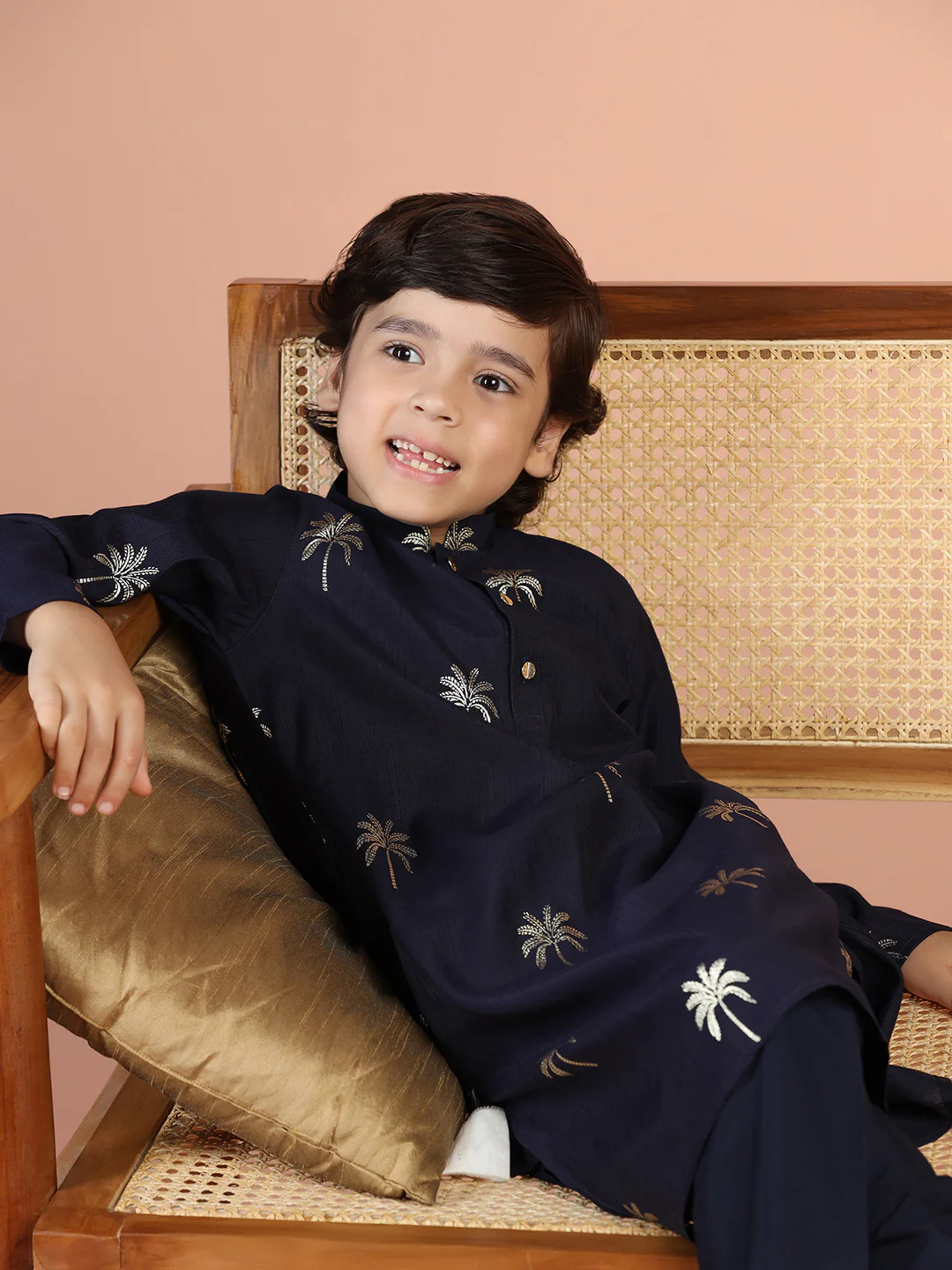 Navy Blue Embroidered Kids Kurta Set - Image 7