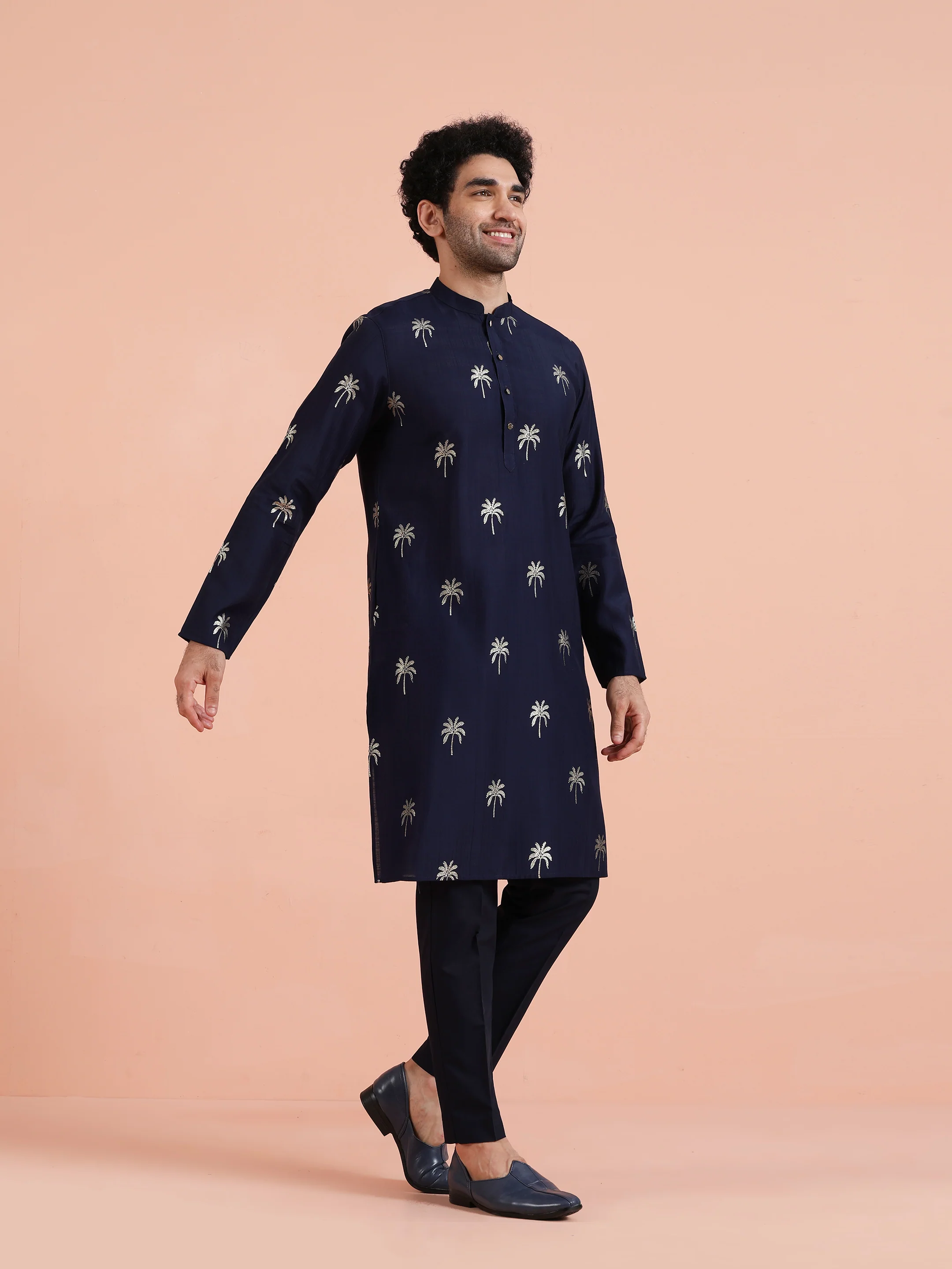 Navy Blue Printed Kurta Trouser Set - Image 3