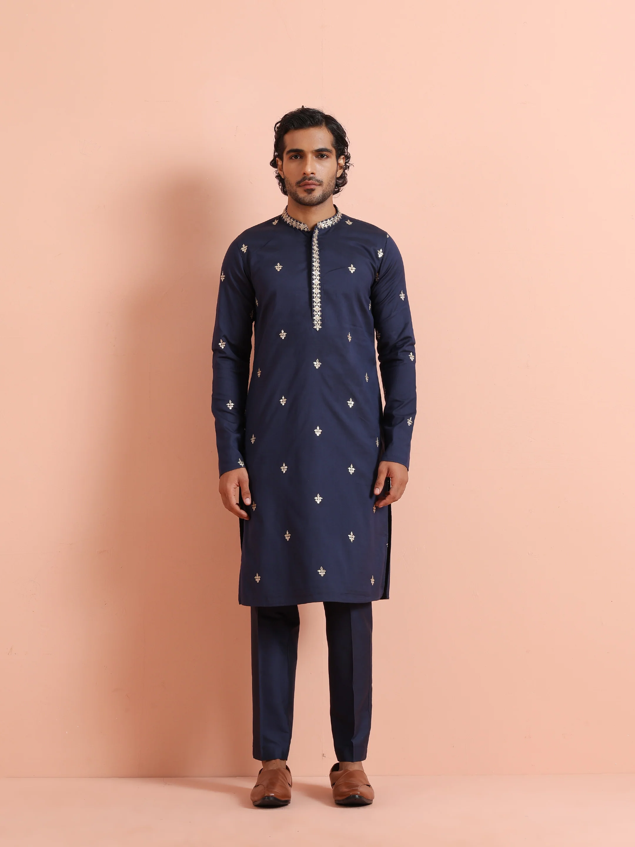 Navy Blue Embroidered Kurta Trouser Set - Image 7