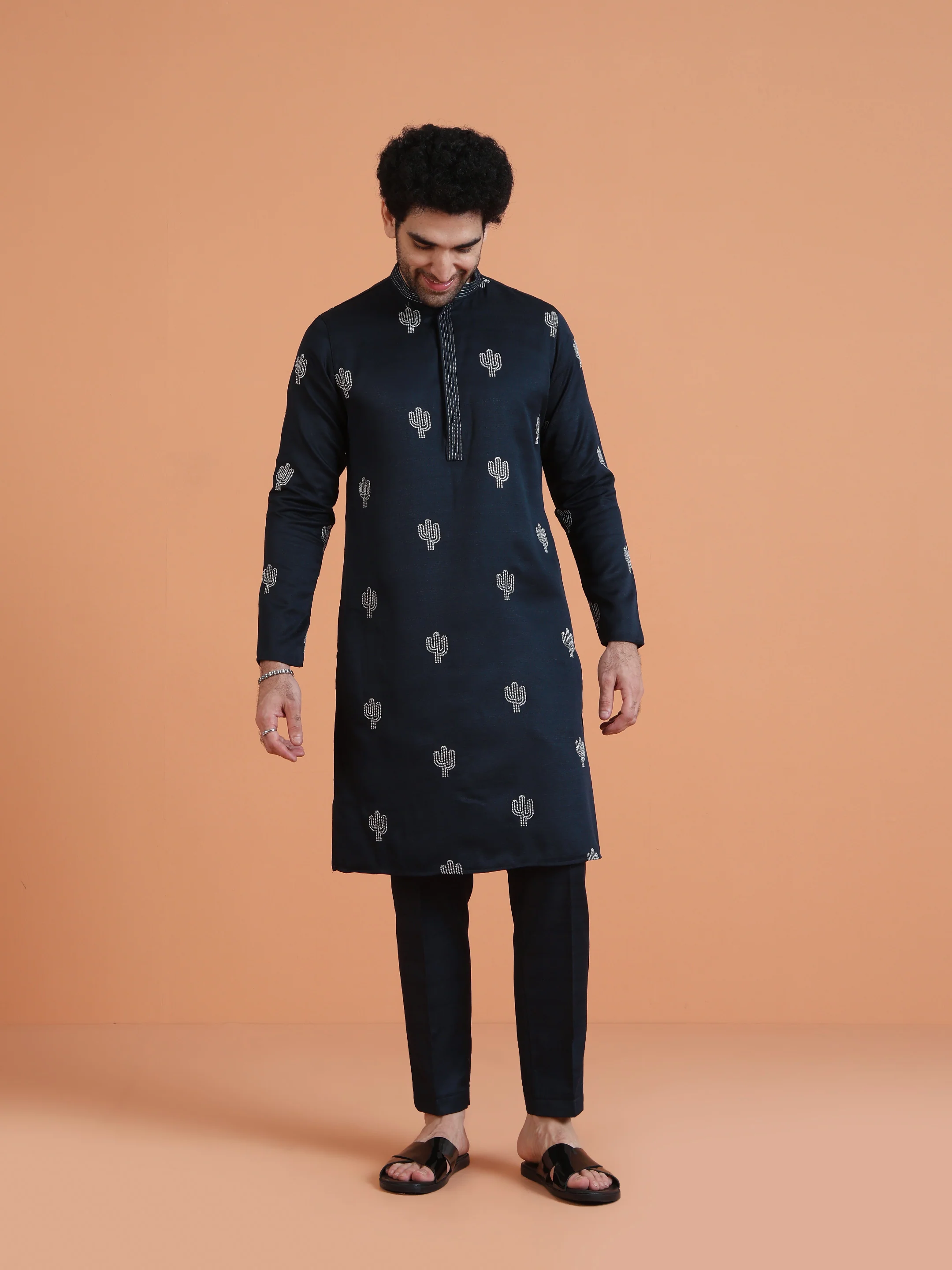 Navy Blue Embroidered Kurta with Navy Trouser Set â€“ Contemporary Wear - Image 3