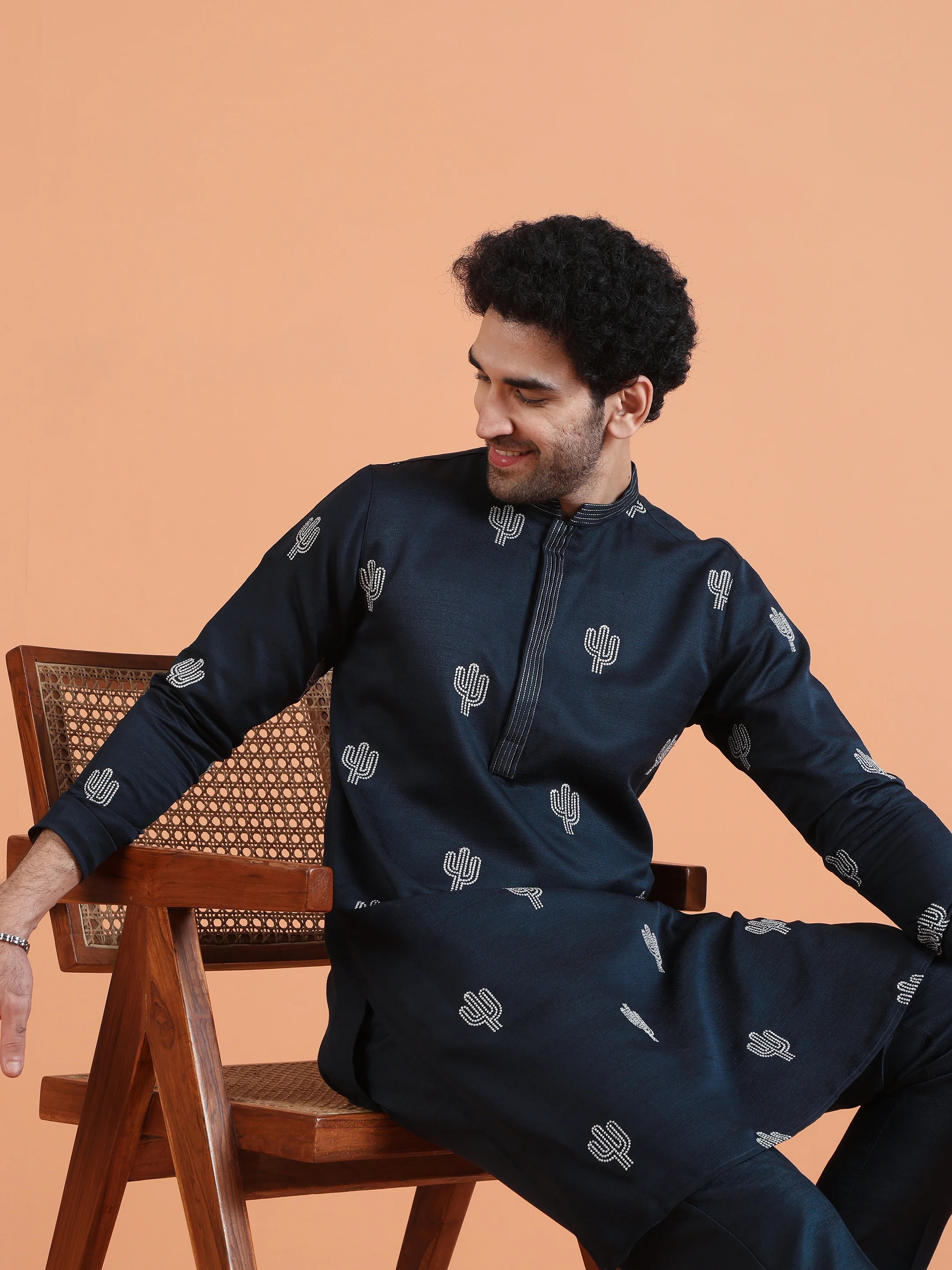 Navy Blue Embroidered Kurta with Navy Trouser Set â€“ Contemporary Wear - Image 7