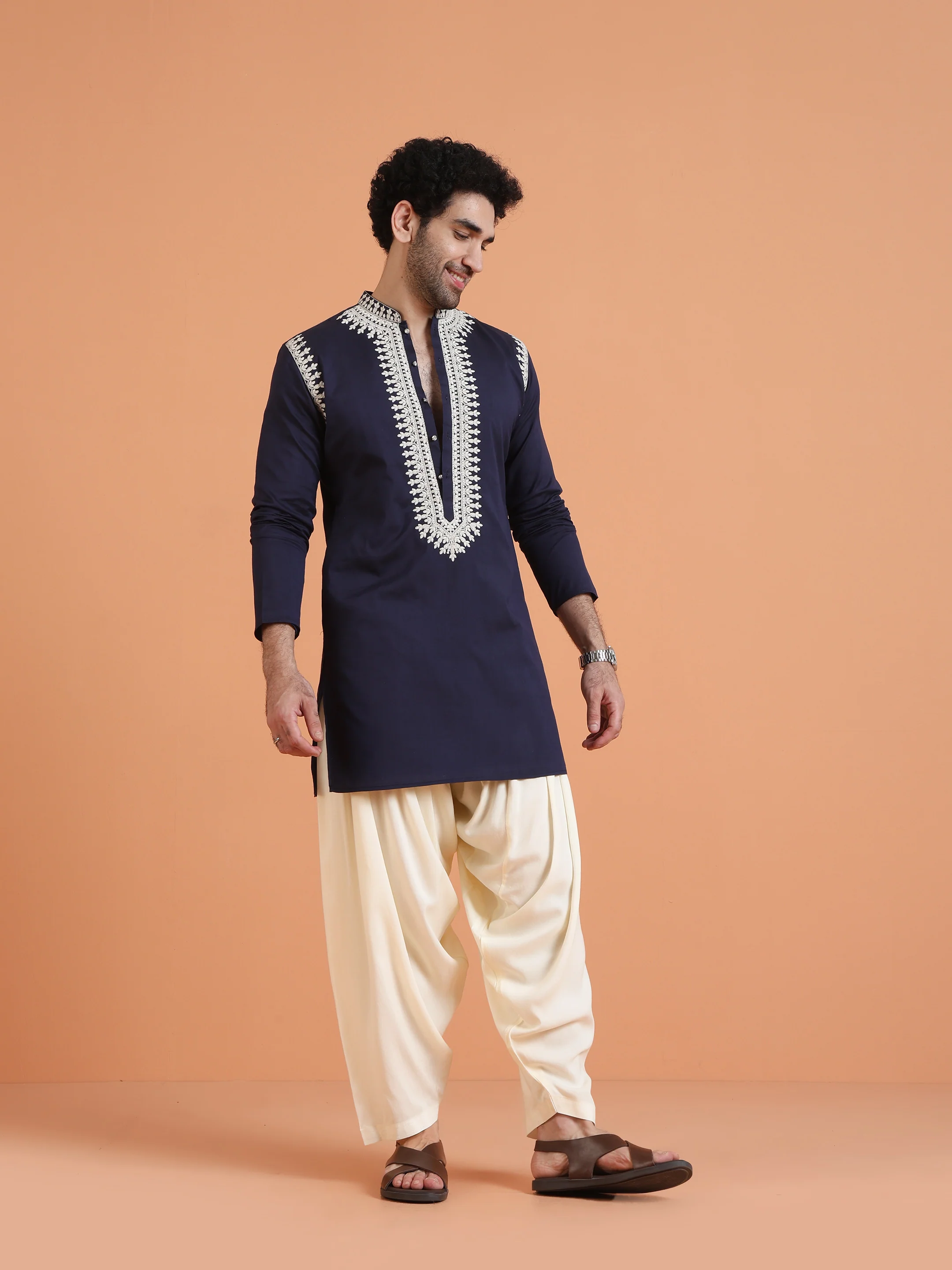 Navy Blue Embroidered Kurta with White Patiyala Set - Image 2